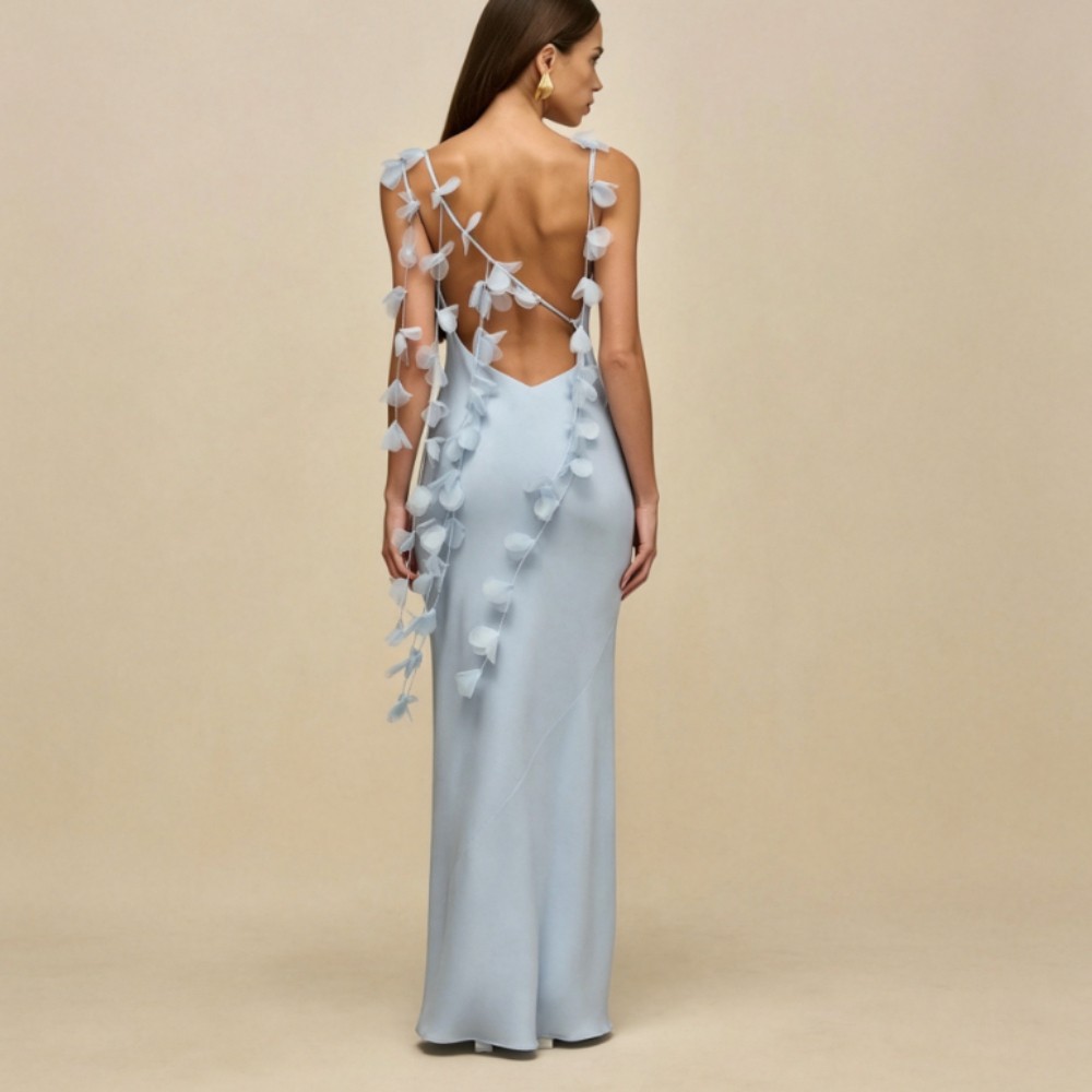 Light Blue Cowl Neck Mermaid Evening Dress 3D Floral Spaghetti Strap Formal Gown