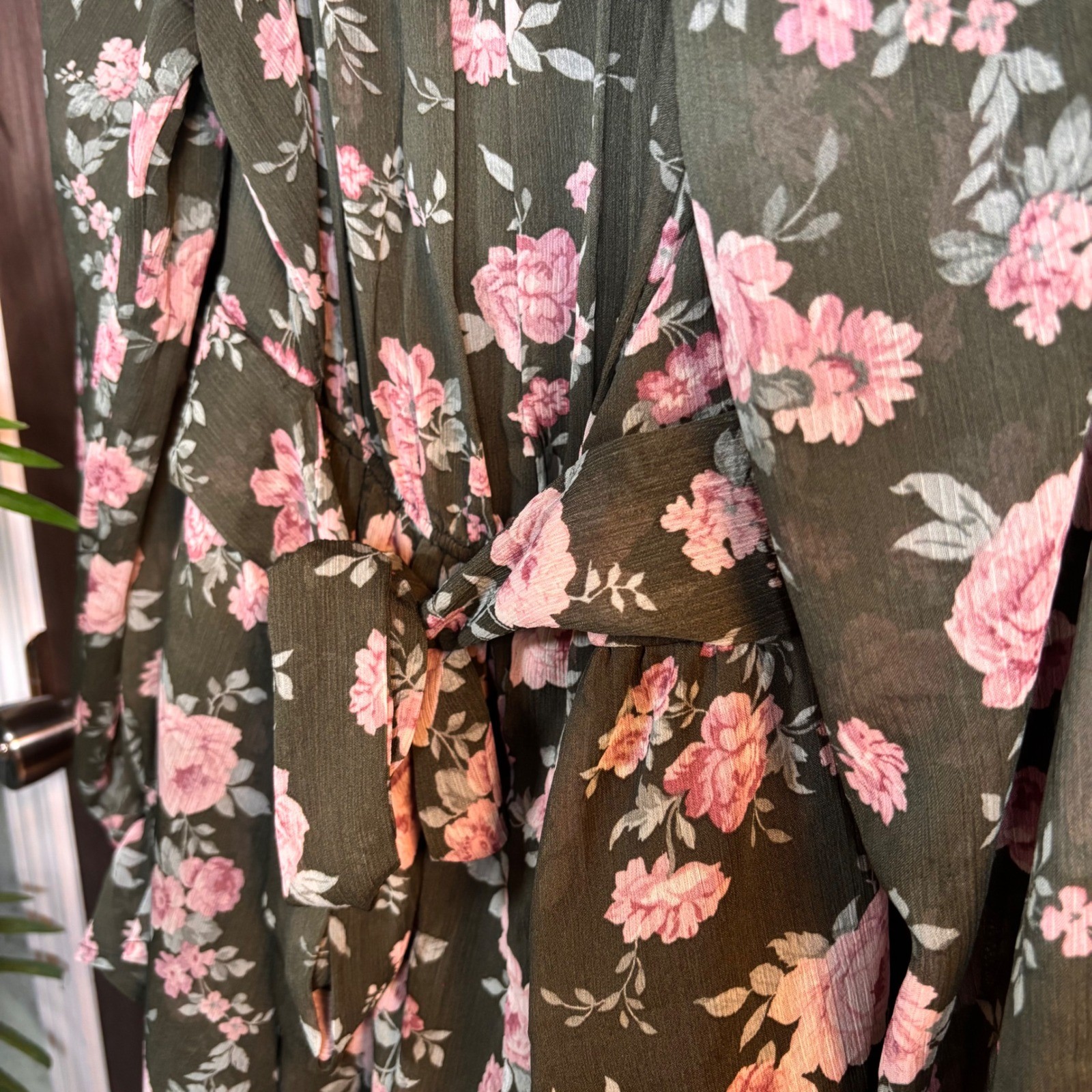 Trixxi Floral Romper XL Olive Green Pink Rose Long Sleeve Cottagecore