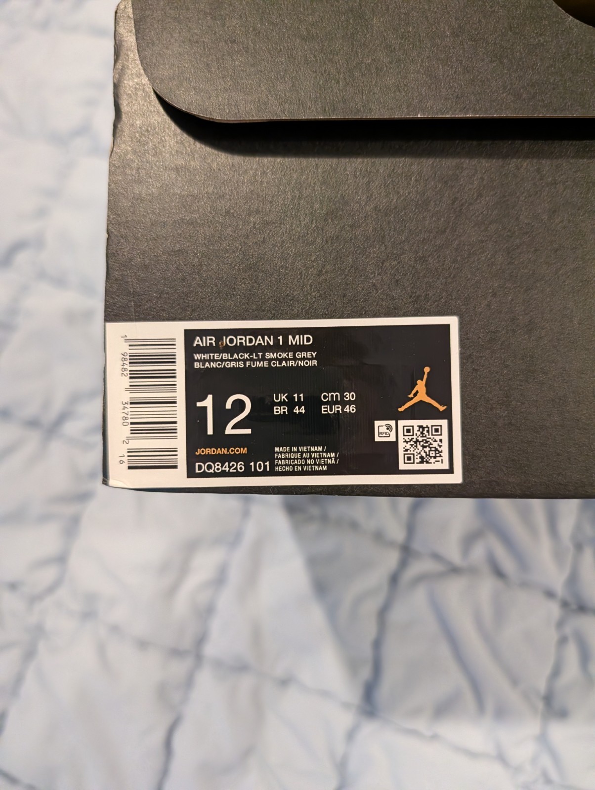 Air Jordan 1 Mid ‘Barons’ Smoke Gray Black Sneakers, Size 12 BNIB DQ8426-101