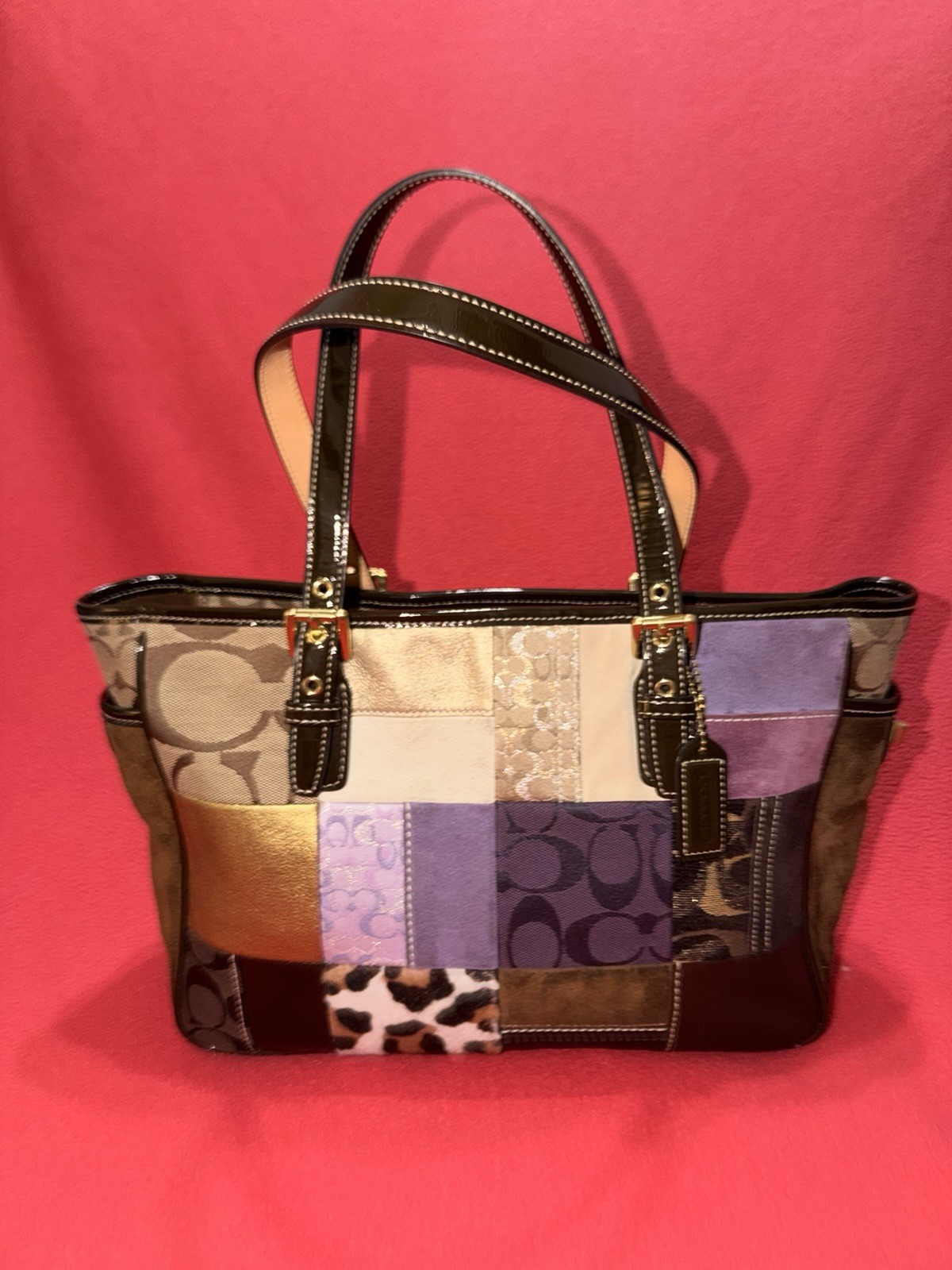 Coach Patchwork Signature Canvas Tote Bag Brown Purple Beige Zip Closure