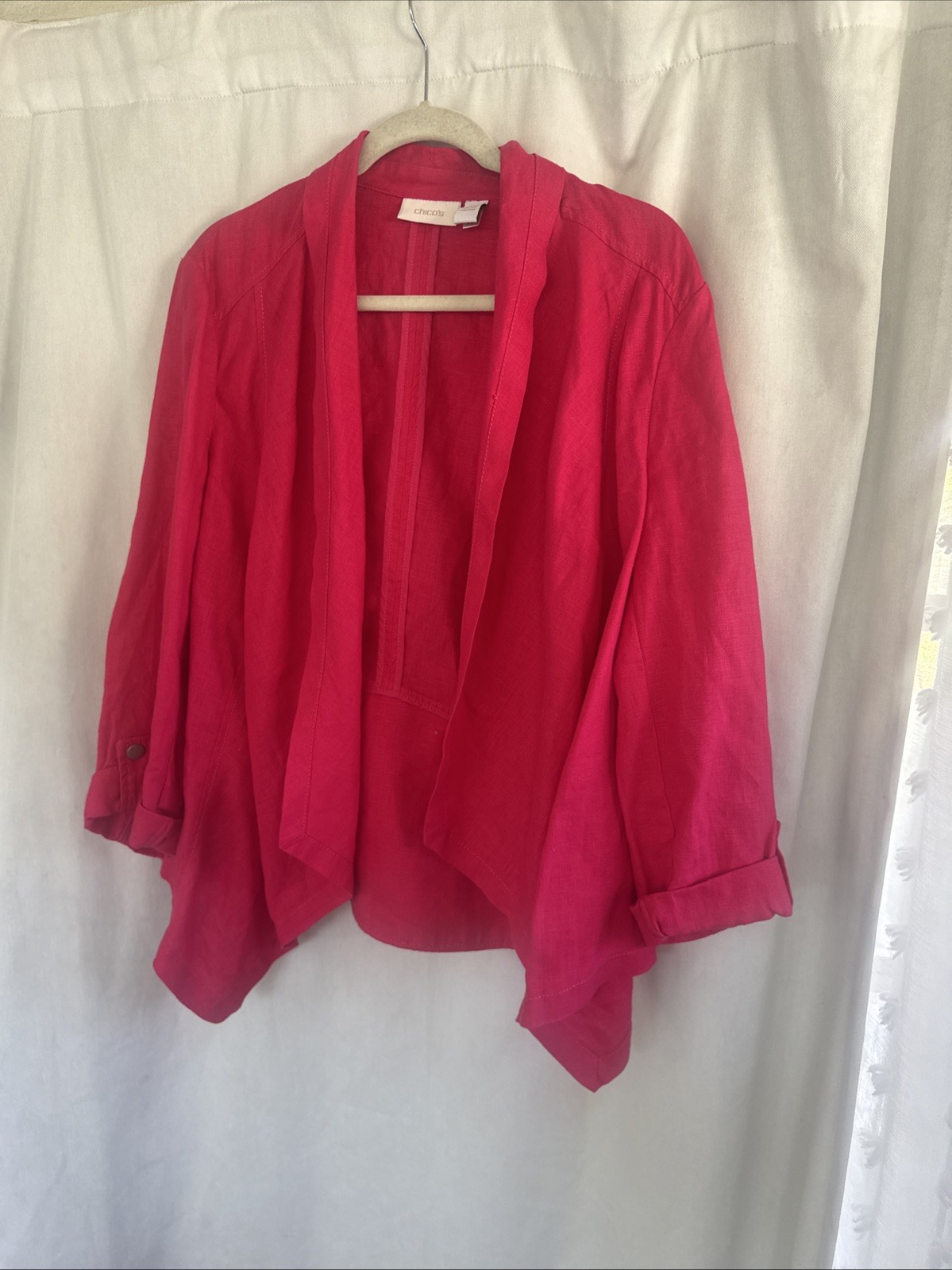 Chicos Pretty In Pink 100% Linen Jacket 2 M L Open No Closure