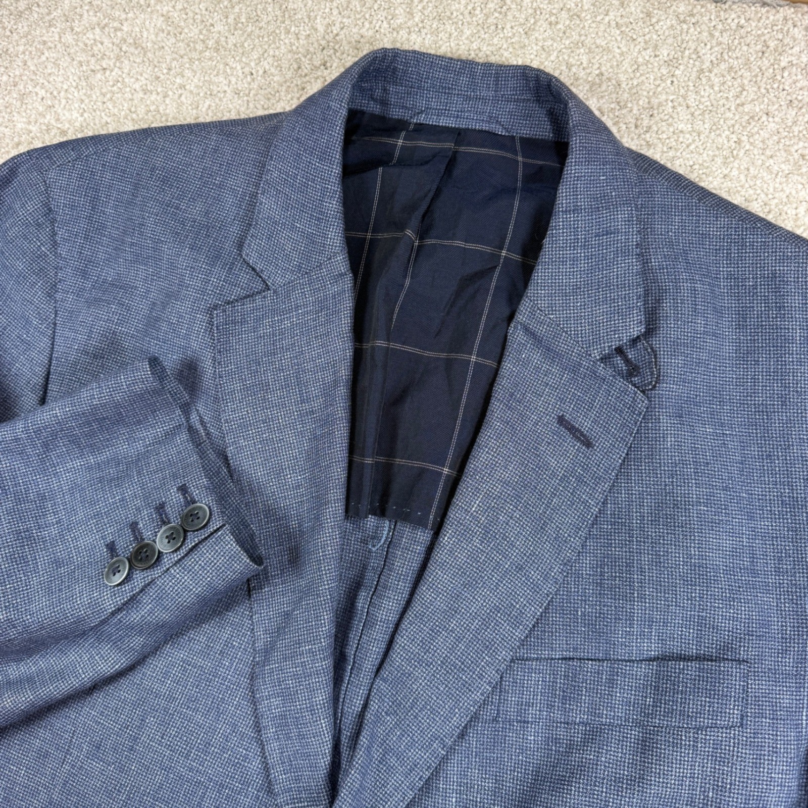Hackett London Sport Coat Mens 46R Blue Linen Wool Blend Micro Check Blazer