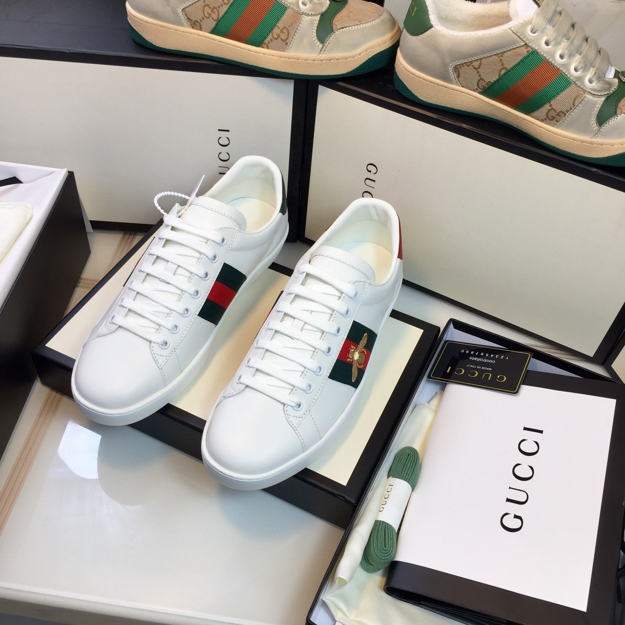 Men Gucci Ace White Leather Green Red Snake Heel Gold Bee Designer Sneaker