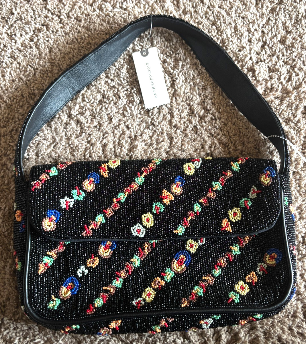 Anthropologie Fiona Beaded Purse Black Floral Shoulder Bag Flowers NWT