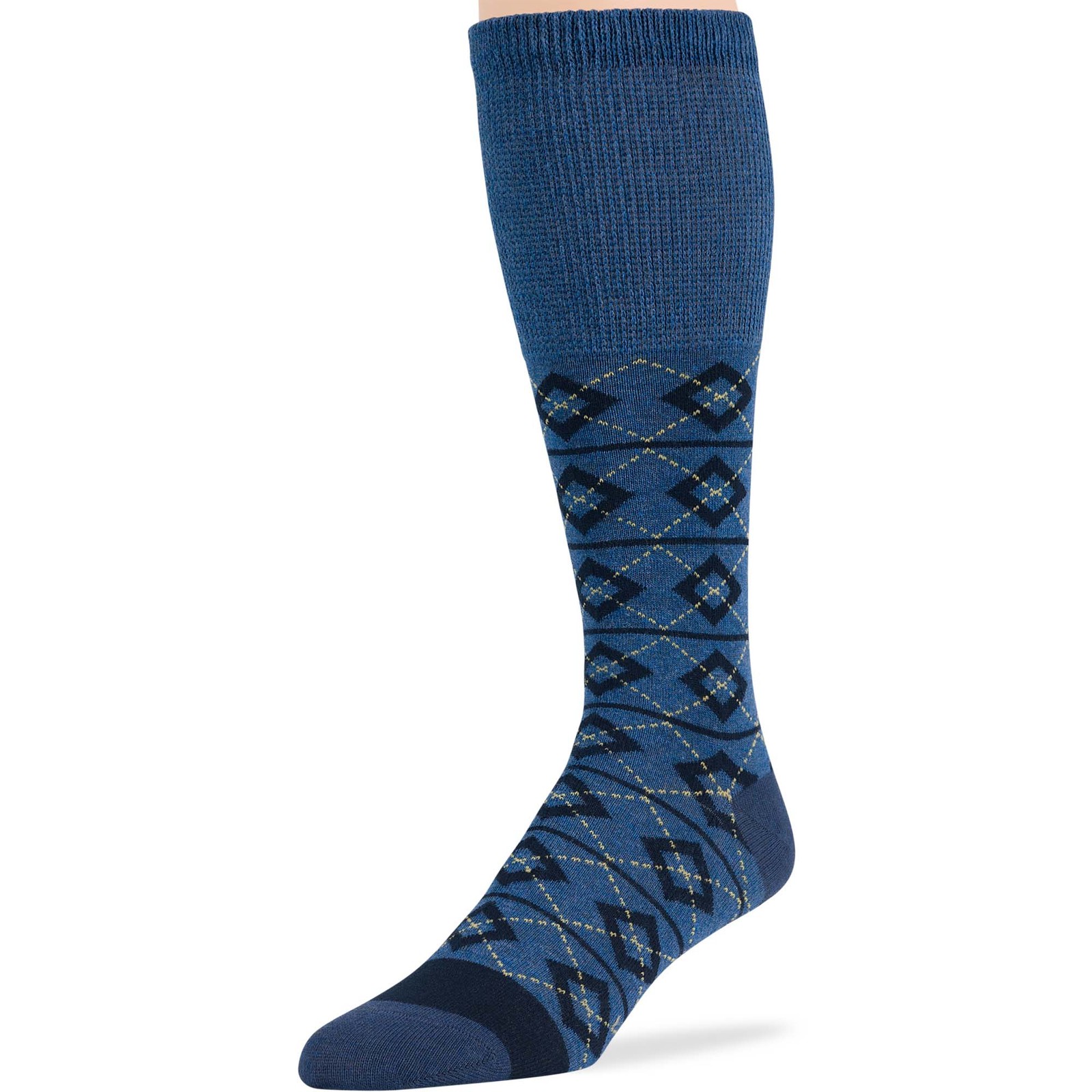 Men Diabetic Cotton Mid-Calf Socks 5 Pack Large Argyle Stripe Dark Navy Denim
