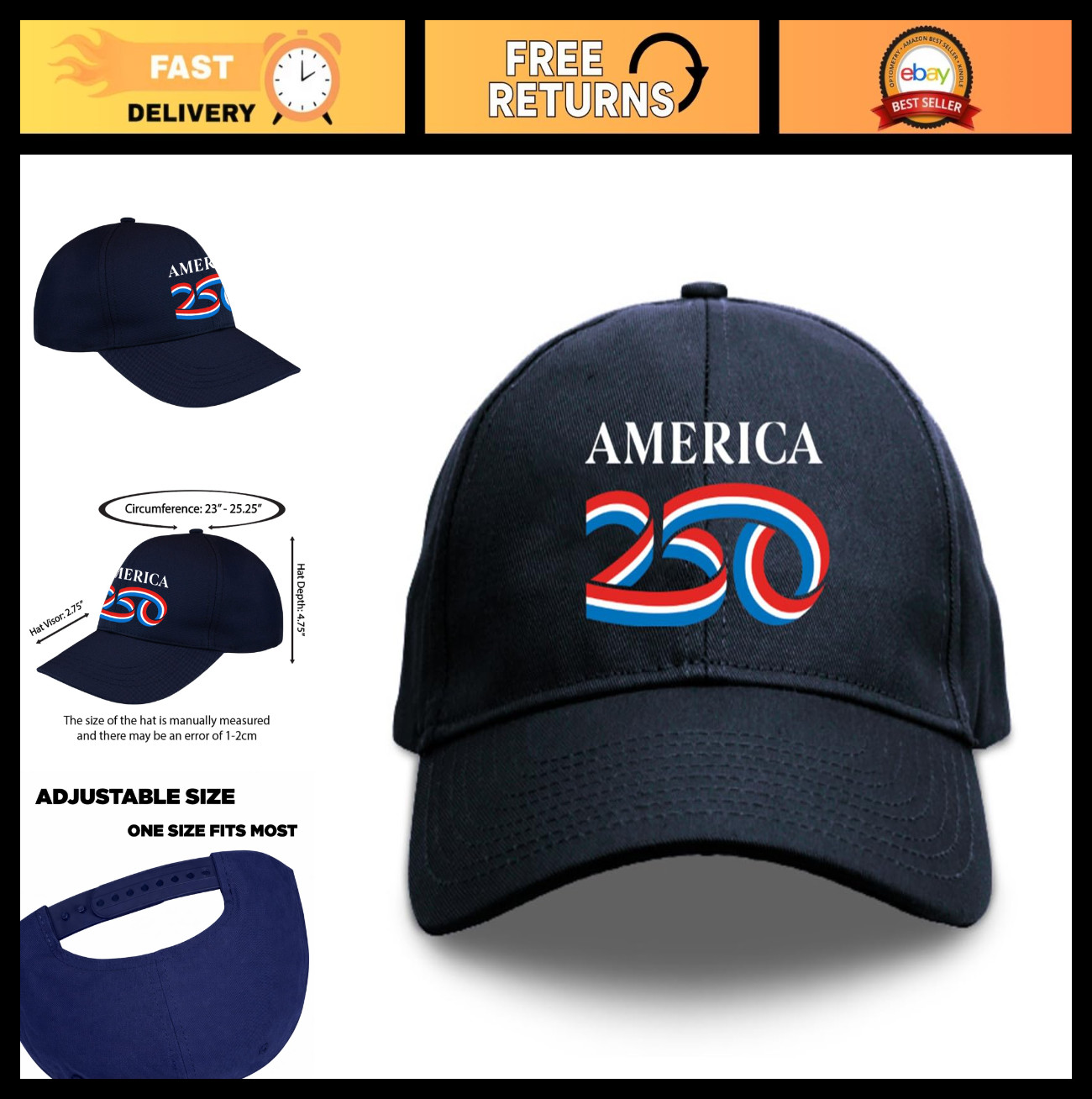250th Anniversary USA Hat – Structured Cap for 4th of July, Patriotic Headwear,