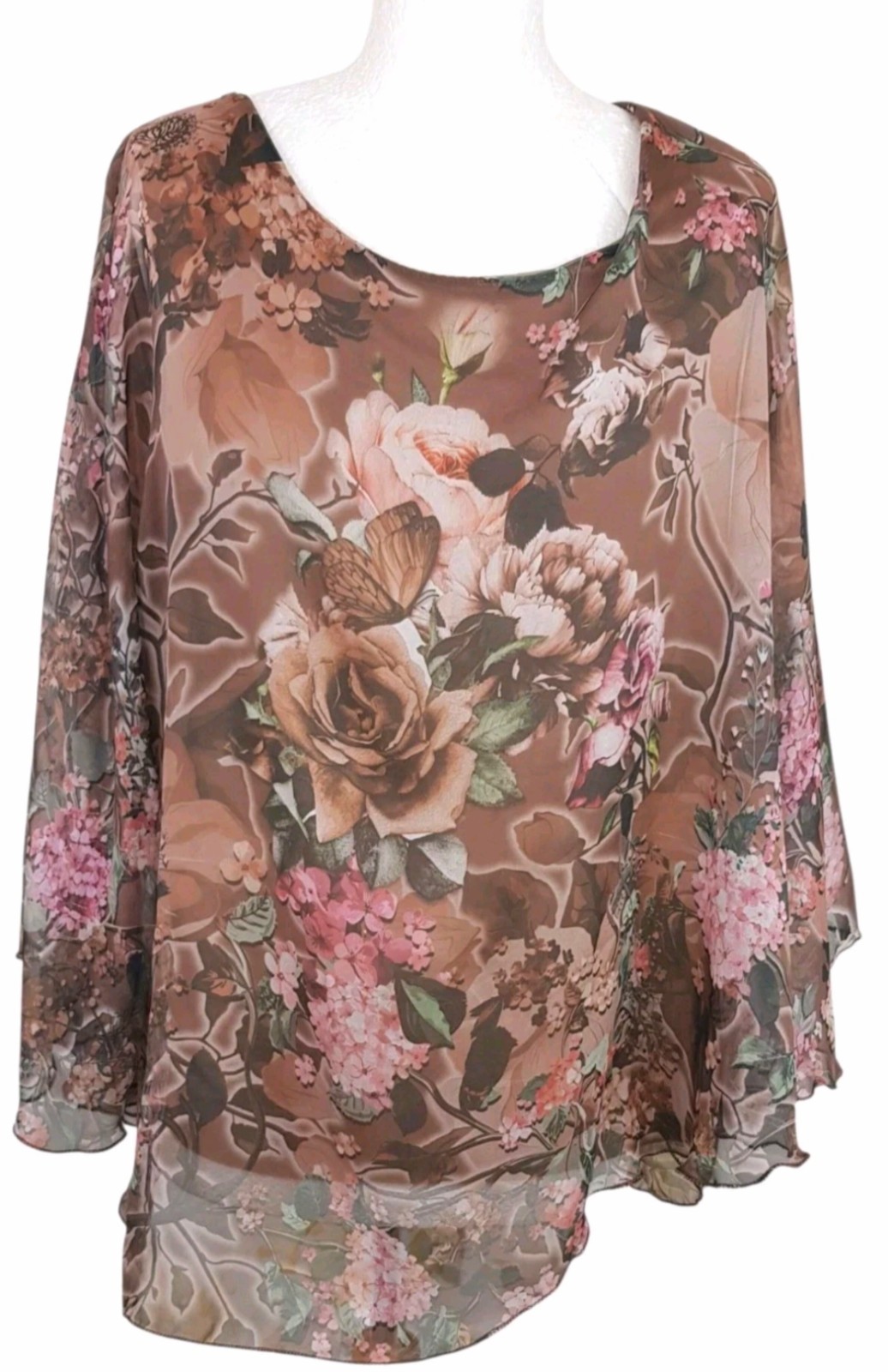 Made In Italy Floral Top Blouse One Size Chiffon Layered Boho Floaty Brown Pink