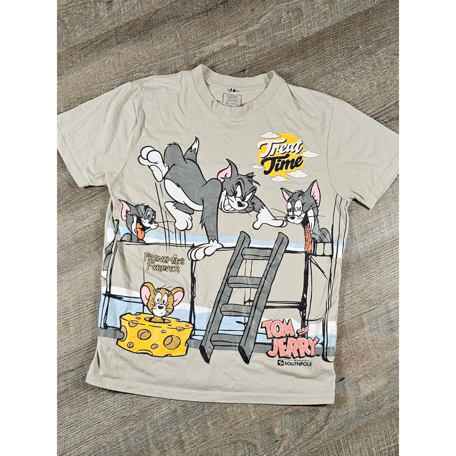 Southpole Tom and Jerry Graphic T-Shirt Tan Frenemies Forever Men Small S