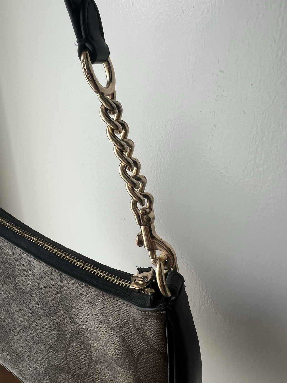 Coach Brown/Black Signature Logo Small Shoulder Bag Zip Top Chain Detachable