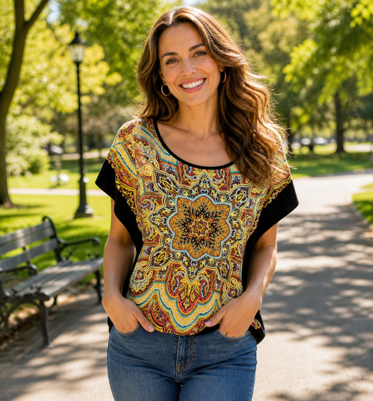 Ny Collection Women’s Sizer M Batwing Sleeves Black Brown Paisley Silky Blouse
