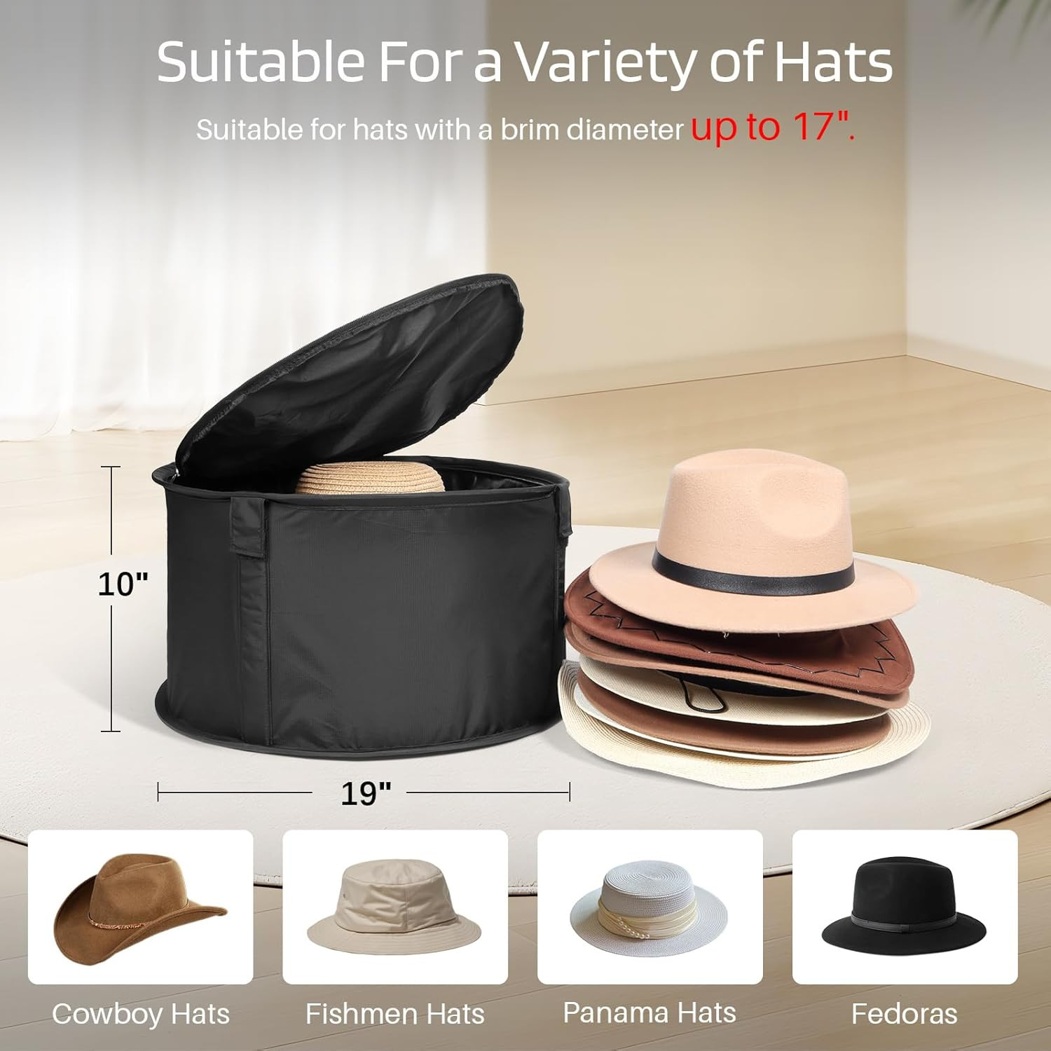 Black Large Modern Hat Box for Storage, Stackable Hat Organizer Case for Cowboy