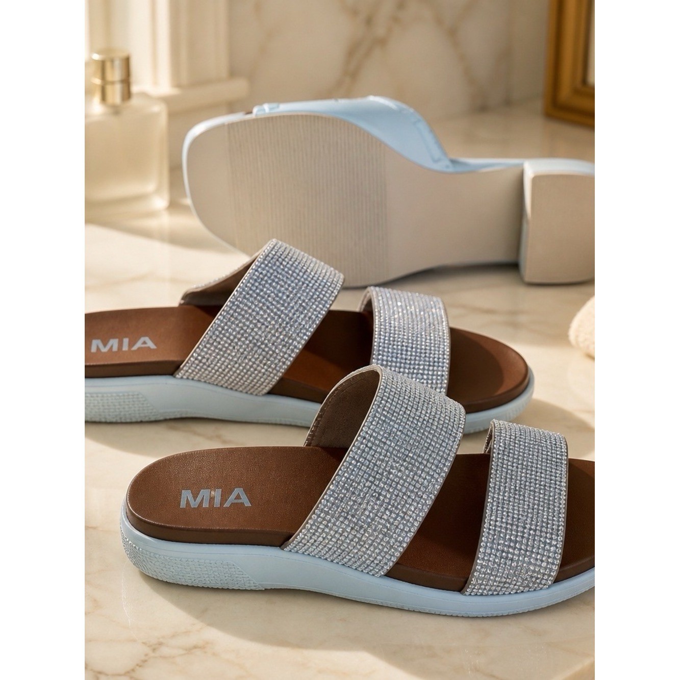 MIA Rhinestone Double Strap Slide Sandals Womens size 6 Rhinestone Silver