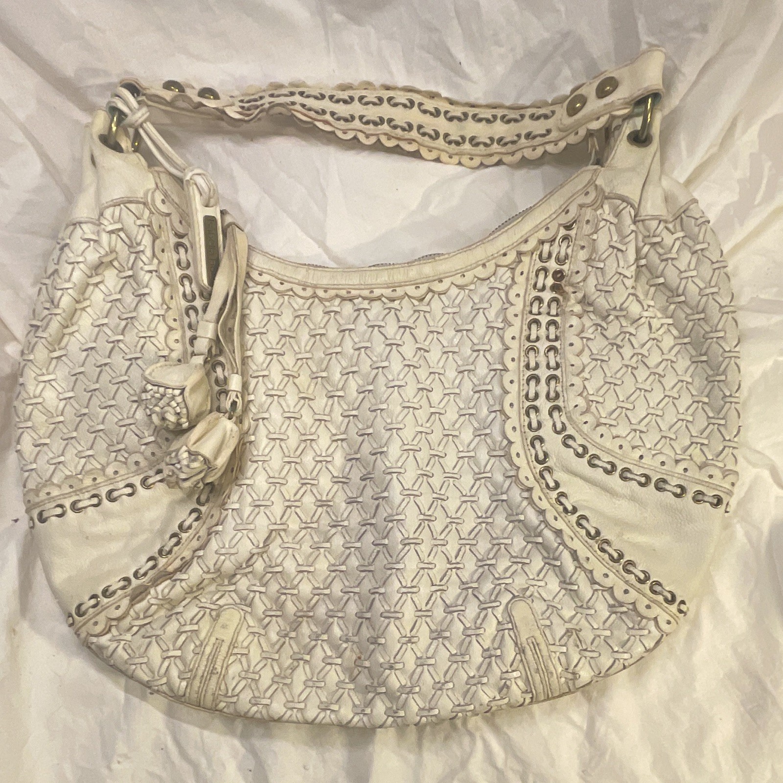 Isabella Fiore Ivory Woven Crescent Shoulder Bag Zip Tassel Charm