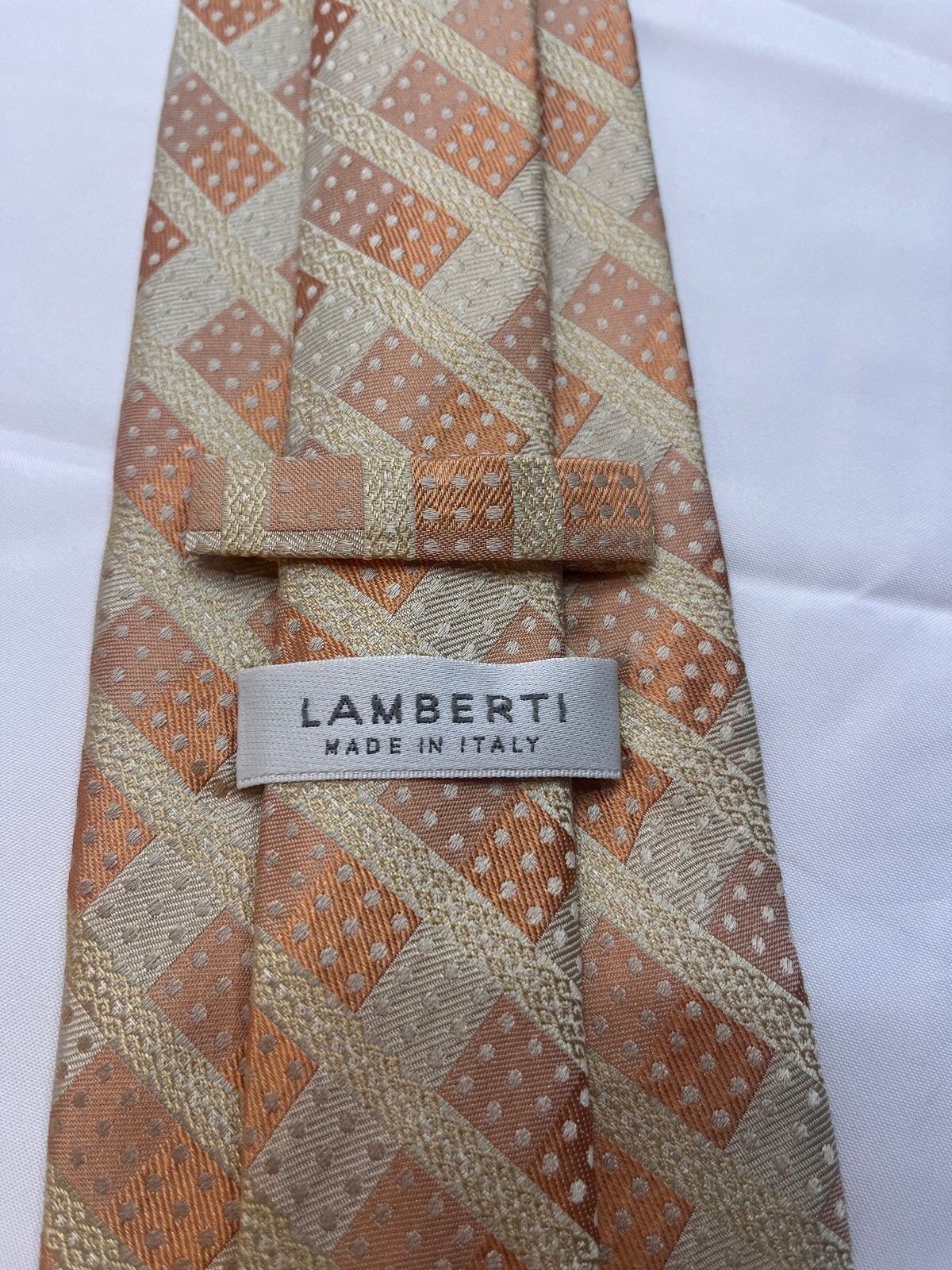 Lamberti Made in Italy 100% Silk Tie Gold Peach Geometric Polka Dot Necktie