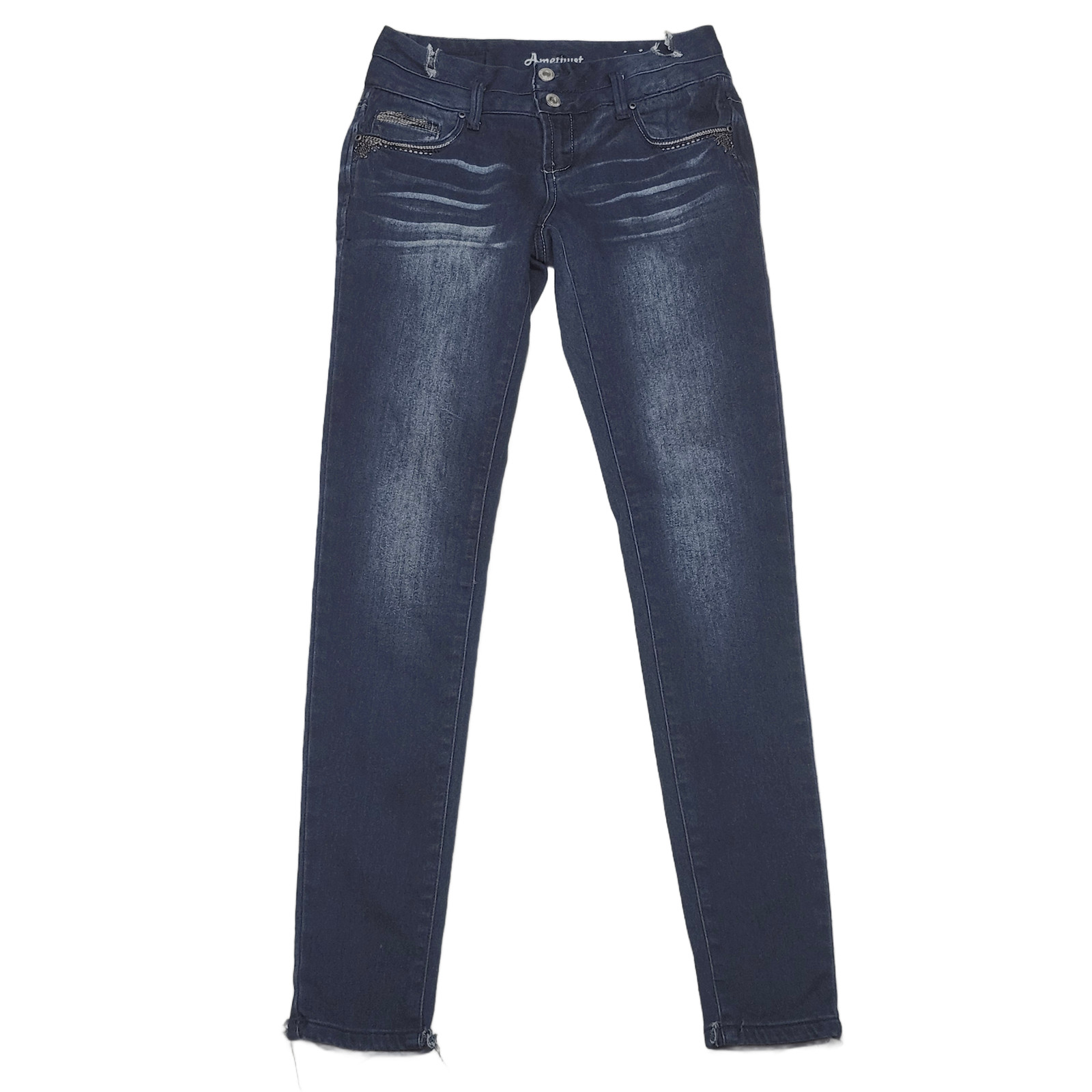 Amethyst Jeans Women’s Dark Wash Skinny Distressed Beaded Denim Size 29.5 Inseam