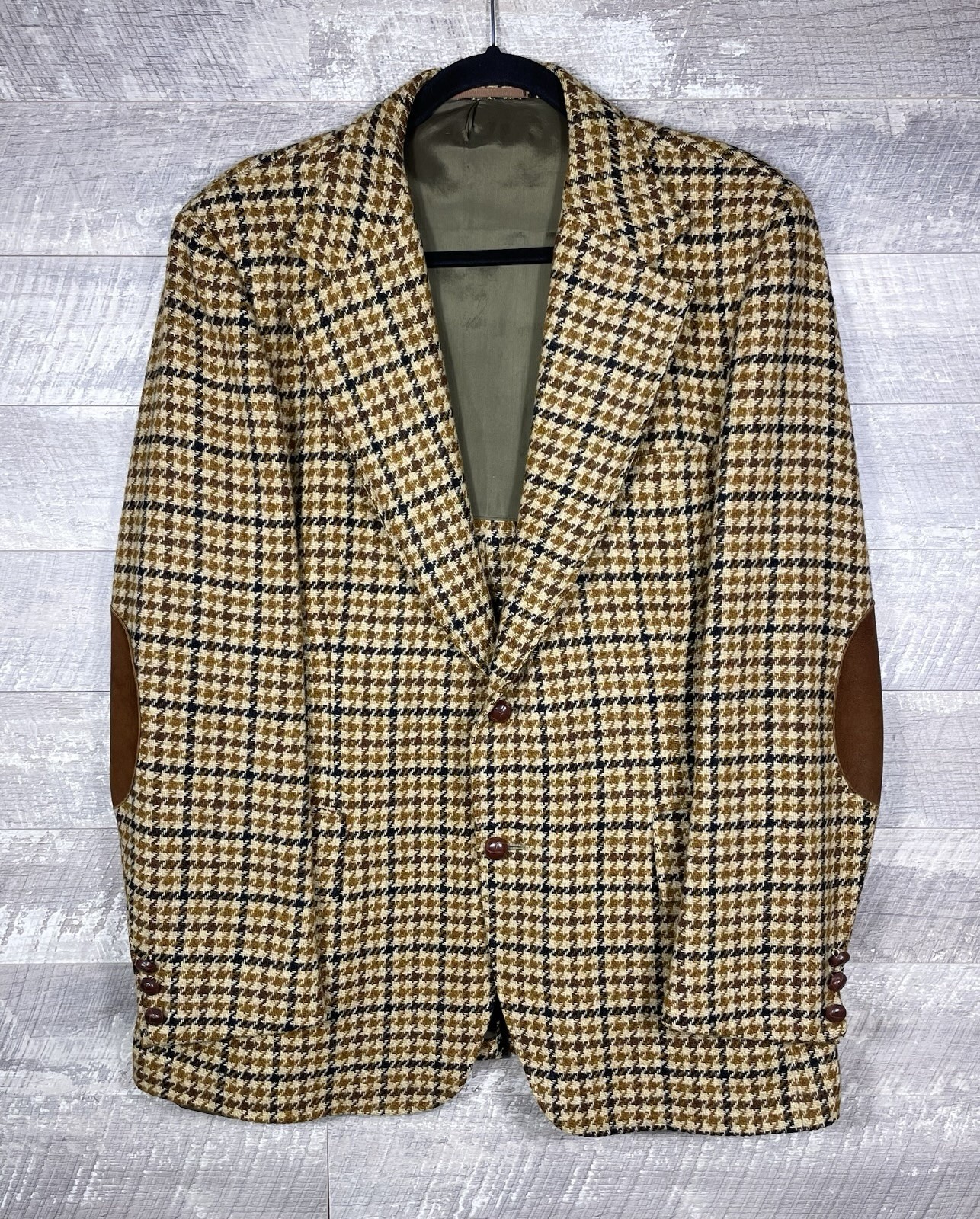 VTG Brown Plaid Elbow Patches Blazer Jacket Men 44” Preppy Hipster Retro 70s 80s