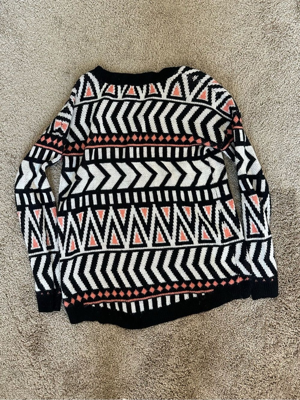 Roxy Black White and Coral Geometric Knit Sweater