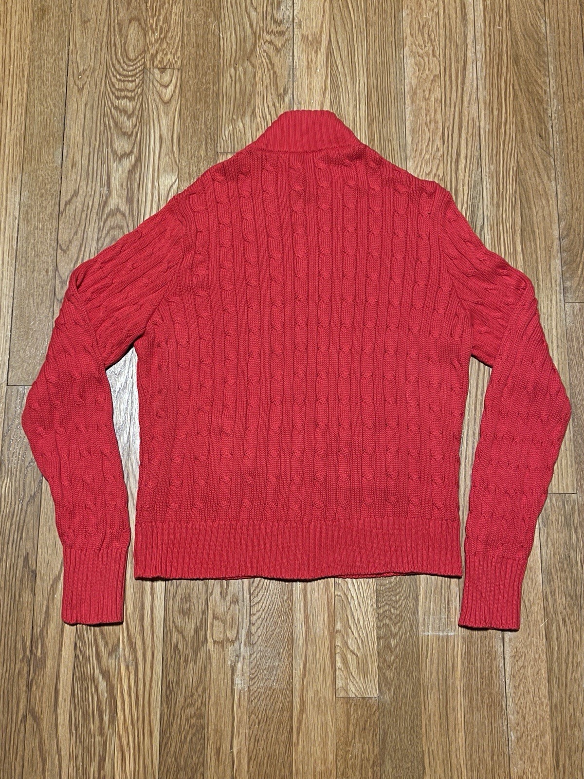Lauren Ralph Lauren Red Cable Knit Mock Neck Cardigan Sweater XL Preppy Cottage