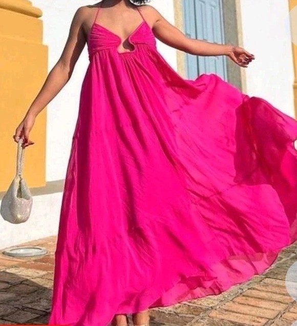 Zara S Hot Pink Fushia Chiffon Flowy Maxi Dress Blogger Open Back NWT $149 Vaca