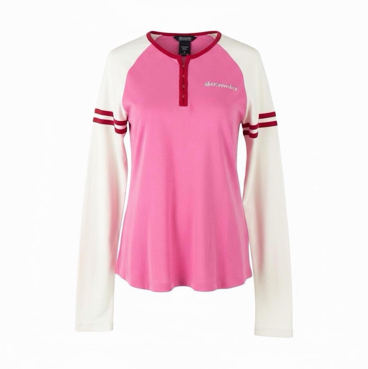Abercrombie Pink White Red Colorblock Raglan Henley Button Knit Top Juniors XL