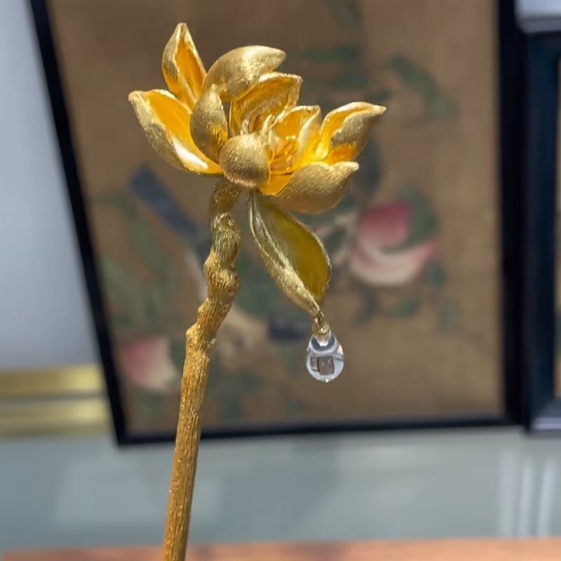 Lotus Hairpin Crystal Drop Chinese Style Gold Hair Stick Hanfu Qipao Accessory