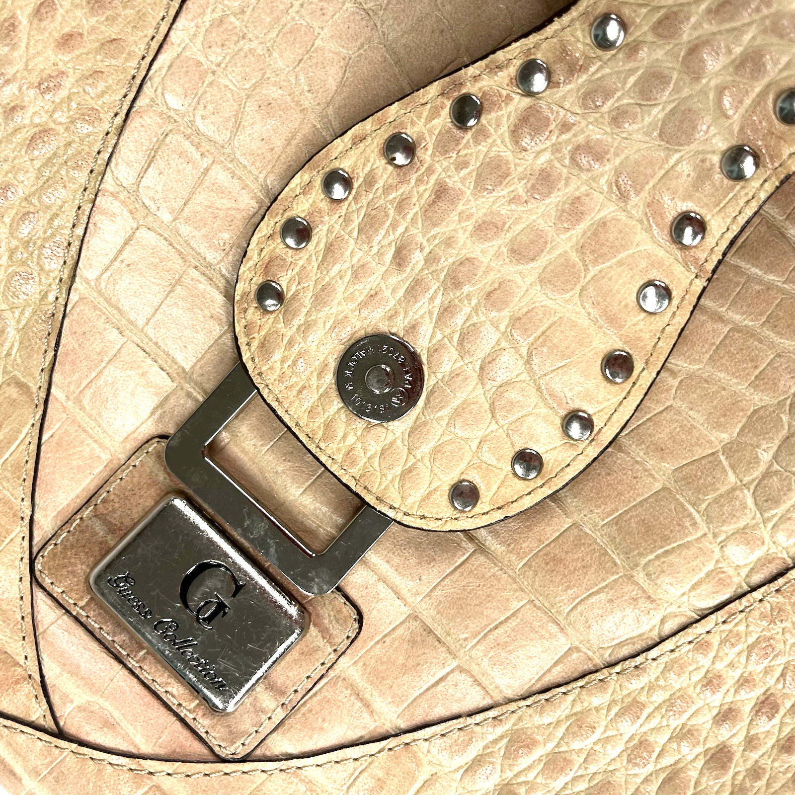 Vintage GUESS Y2K Beige Croc Embossed Logo Hobo Bag Studded Rhinestone Buckle