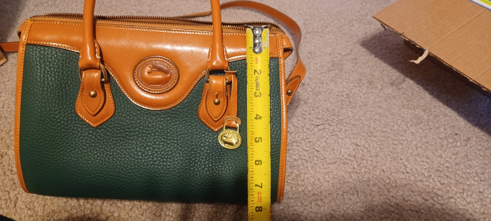 Vintage Dooney & Bourke Green Brown Satchel Top Handle Bag Gold Hardware