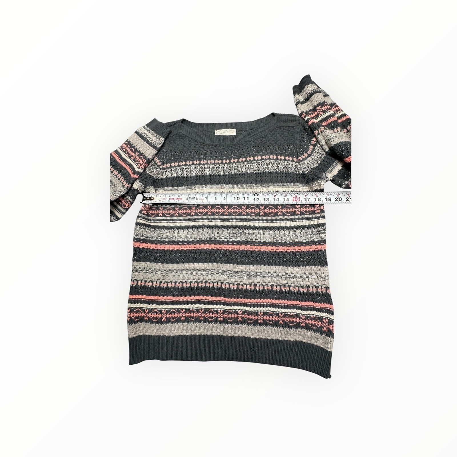 Debbie Morgan Womens XL Fair Isle Metallic Knit Sweater Gray Pink Striped L/S