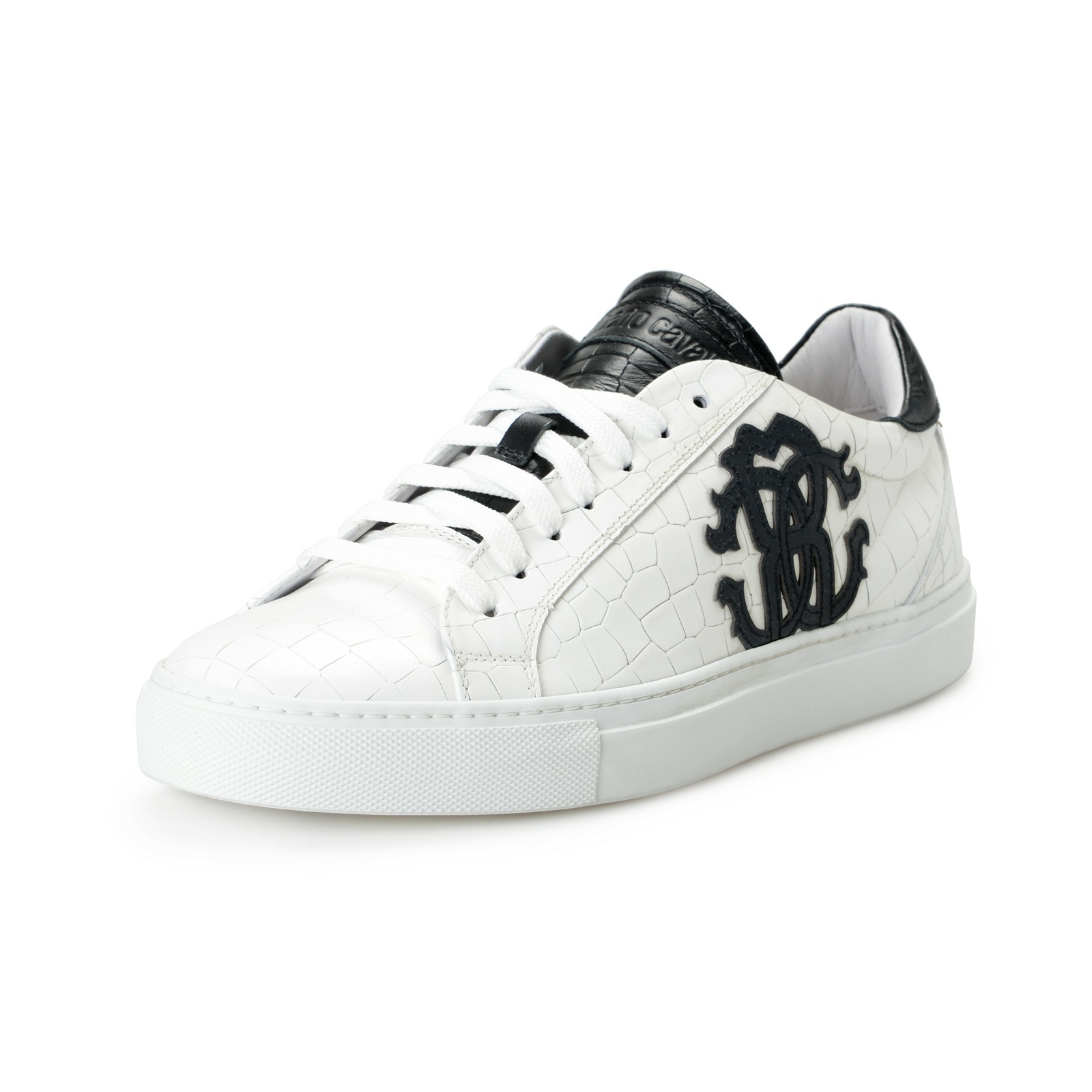 Roberto Cavalli Men’s White Textured Leather Logo Print Fashion Sneakers Shoes