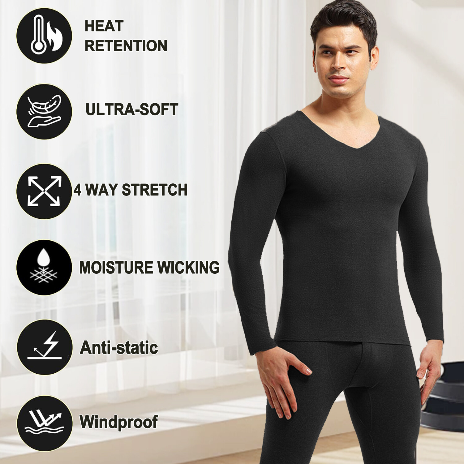 Men’s Fleece Lined Base Layer Set Ski Thermal Underwear Long Johns Top & Bottom