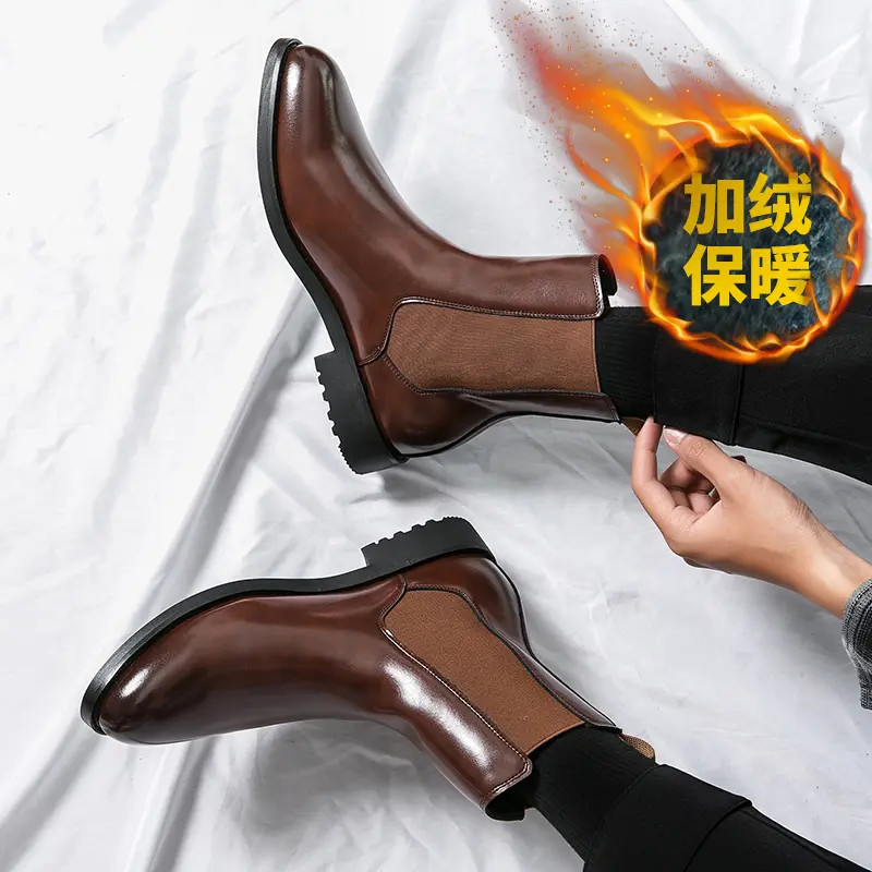 Mens Winter Warm Causal Ankle Boots Leather Formal Dress Shoes Pull On Low Heels