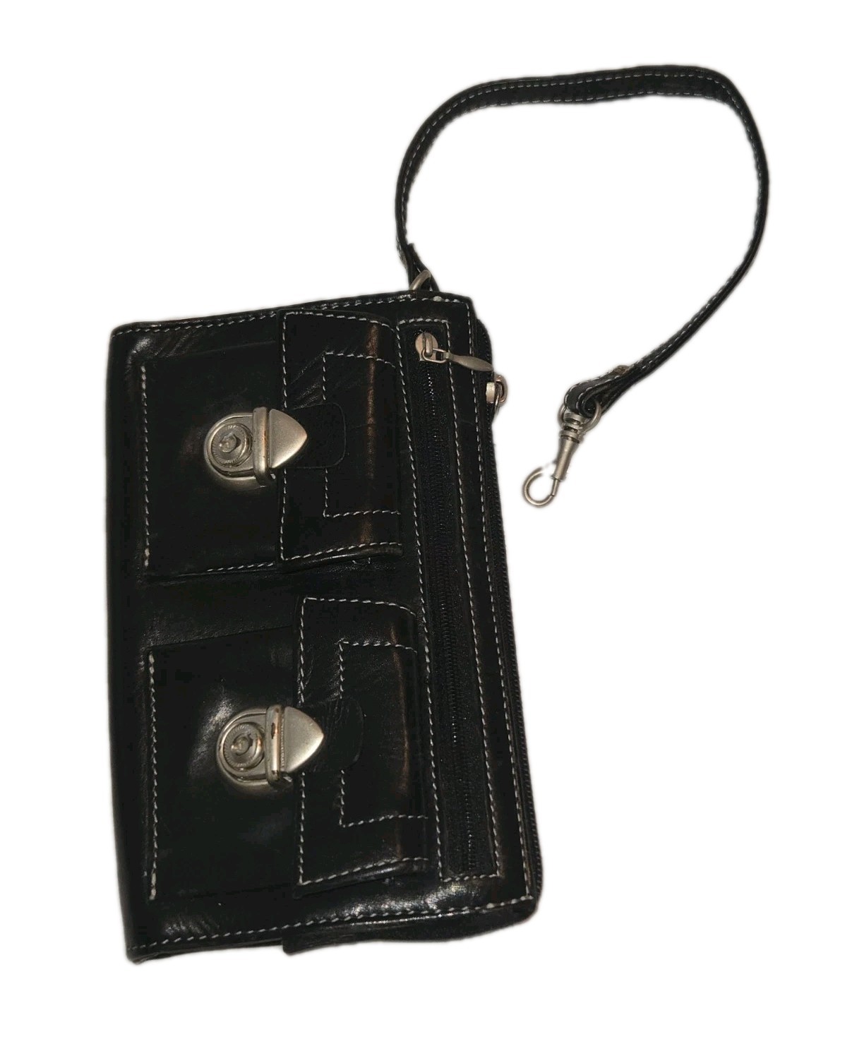Nino Bossi Black Leather Double Push Lock • Zip Clutch Wallet Wristlet • EUC