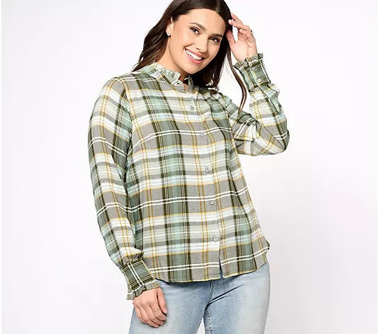 Encore by Idina Menzel Semi-Fitted Blouse-Safari Green Multi-Large A614074 NEW