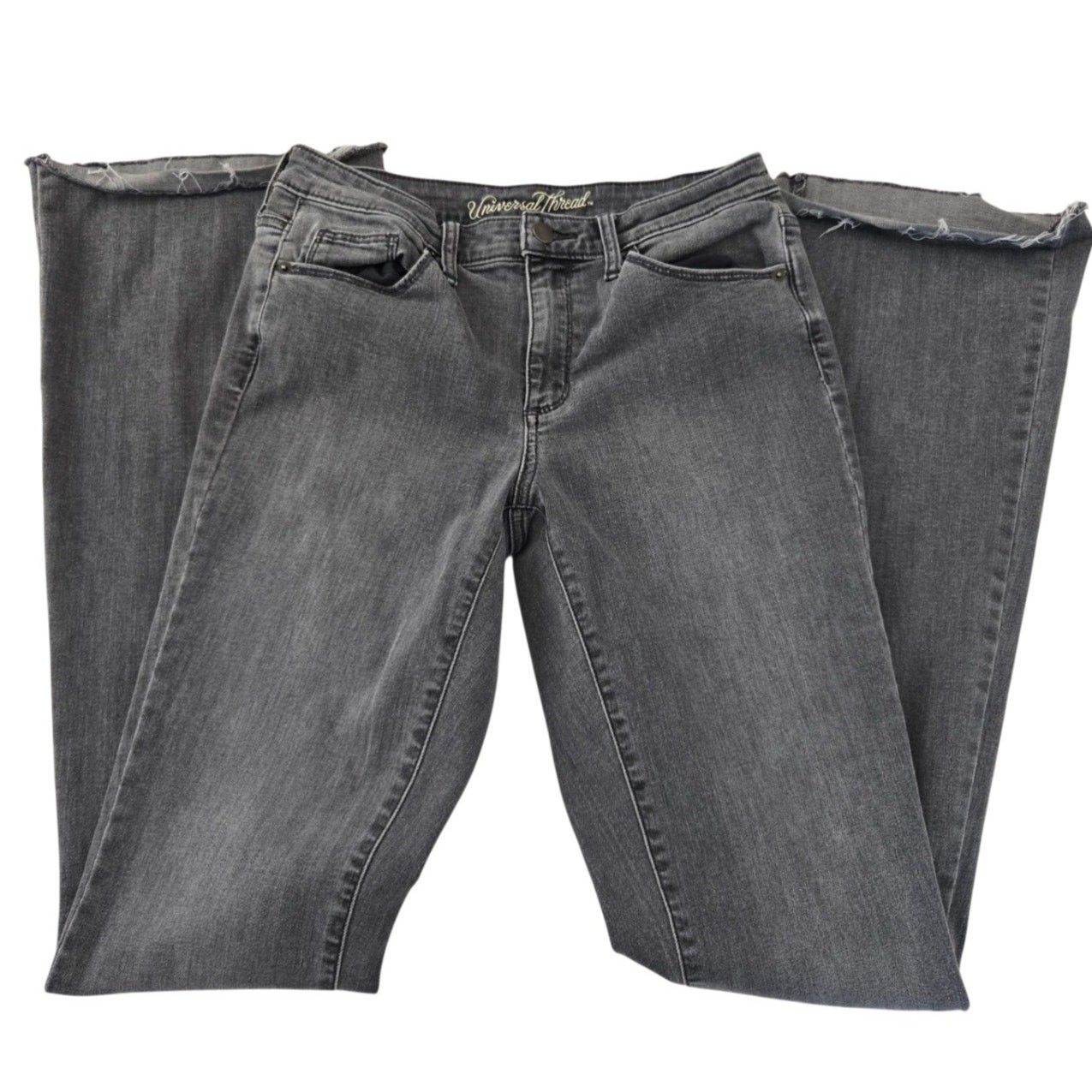 Universal Thread Charcoal Gray Flare Boho Jeans Raw Hem Zip Fly Size 28 Long