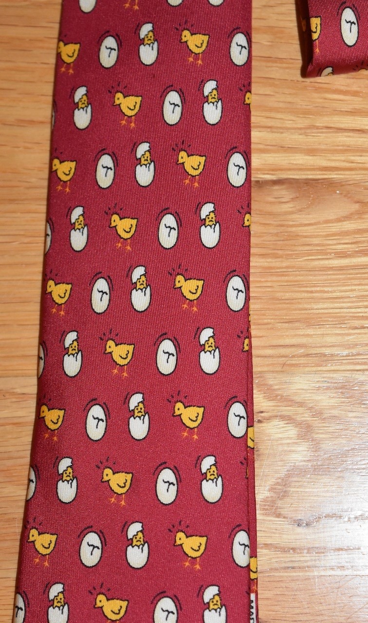 Hermes Silk Neck Tie Chick Egg Hatching Chicken Bird Red 7532 Preppy France 57″