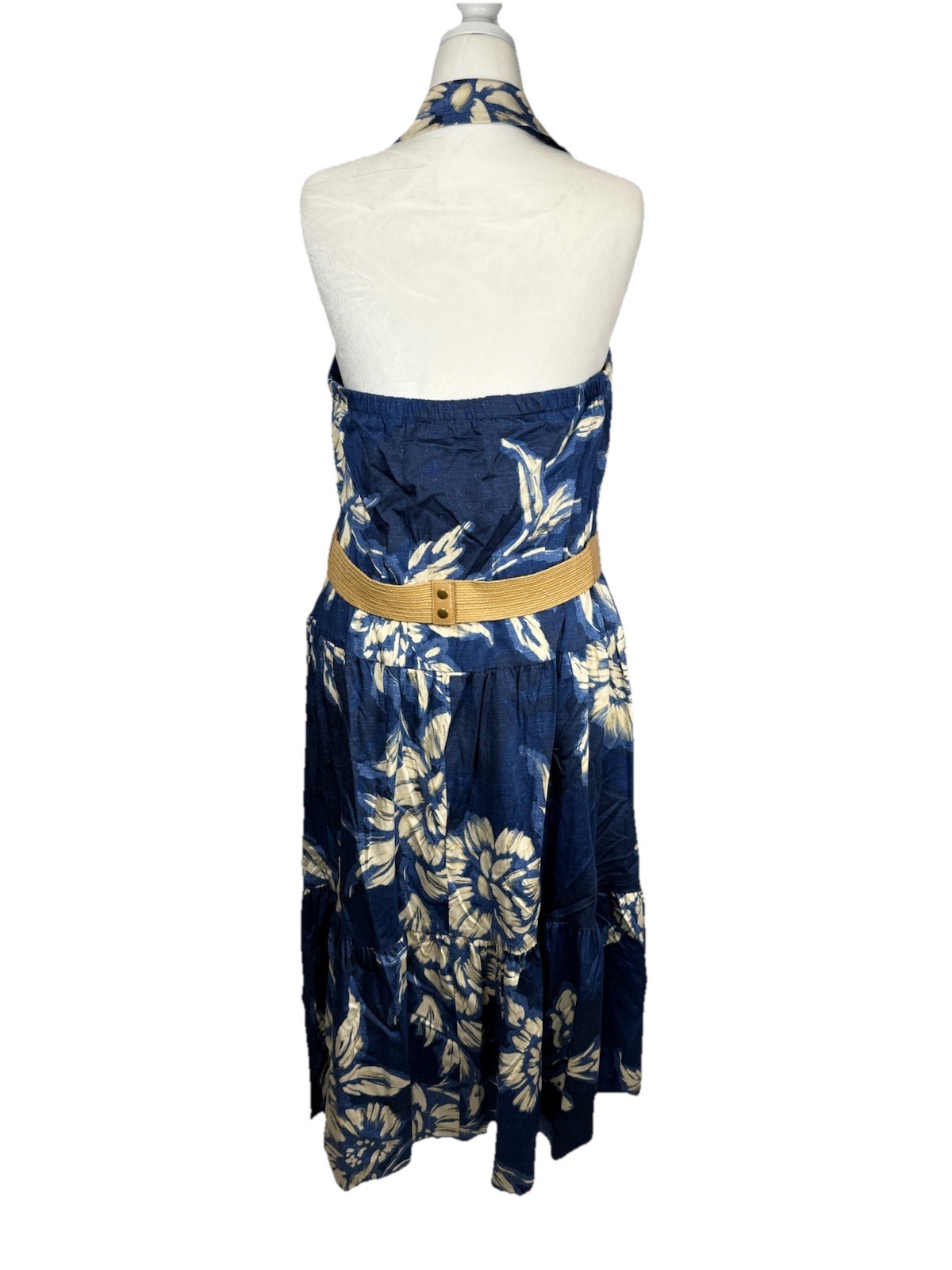 Donna Karan New York 18W Blue Floral Halter Midi Dress Belted Cotton