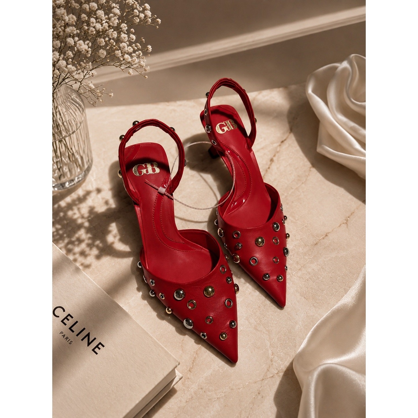 GB Office Siren Leather Grommet&Stud Kitten Heel Slingback Women’s Sz8.5 NWT$130