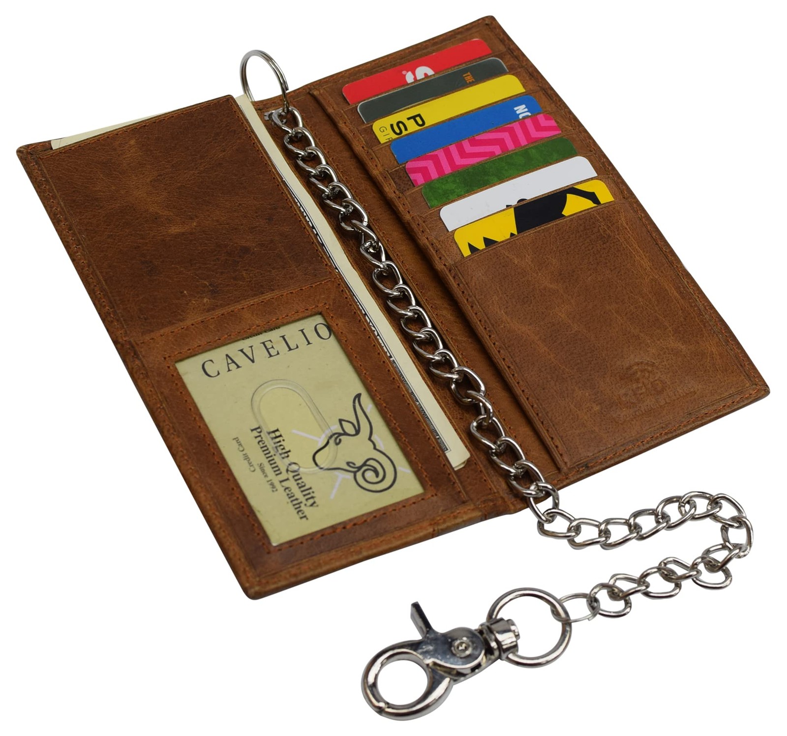 Cavelio Genuine Leather Men’s Chain Biker Wallet Long Bifold Tan with