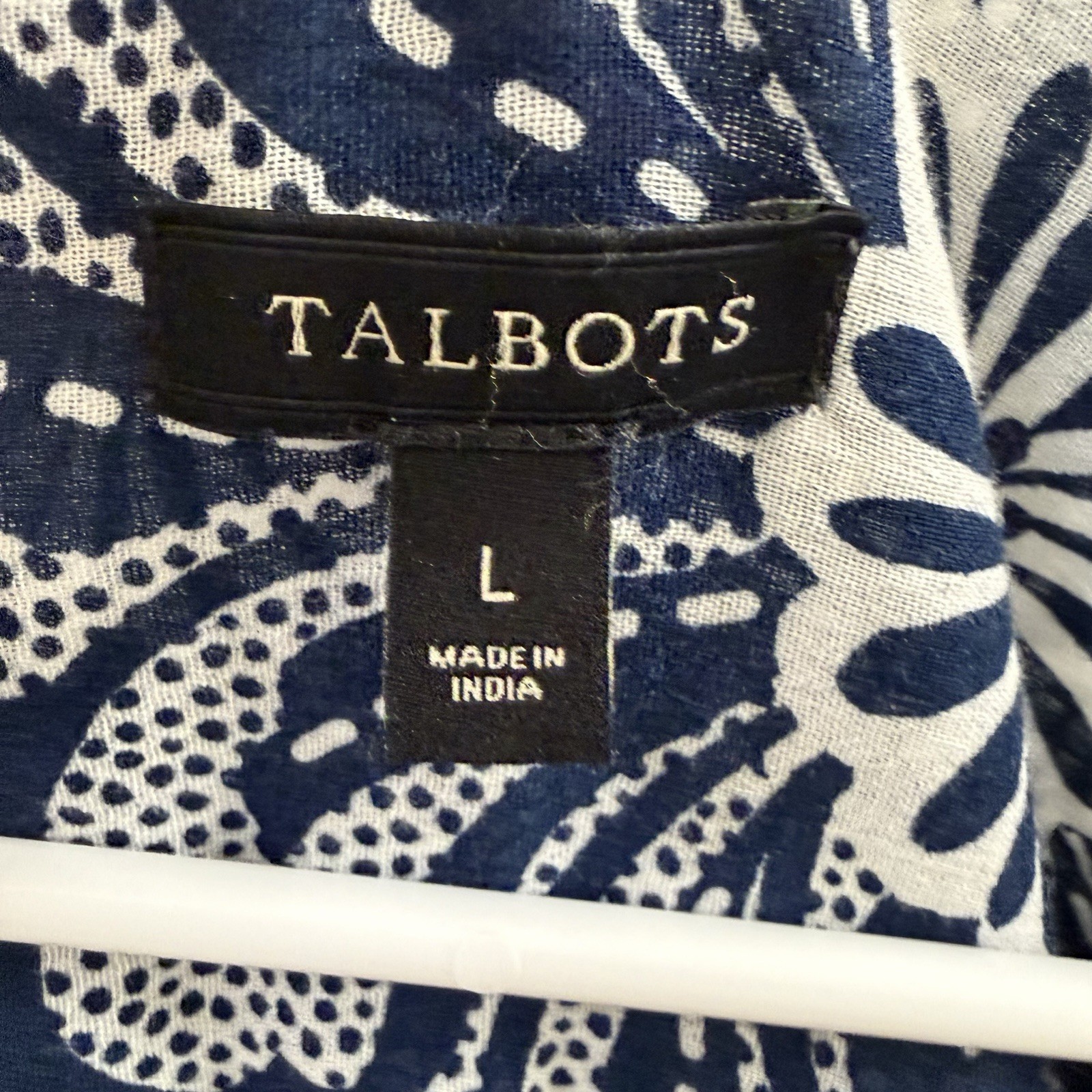 Talbots Women Blue&White Geometric Floral Print Button Down Long Sleeve Blouse L
