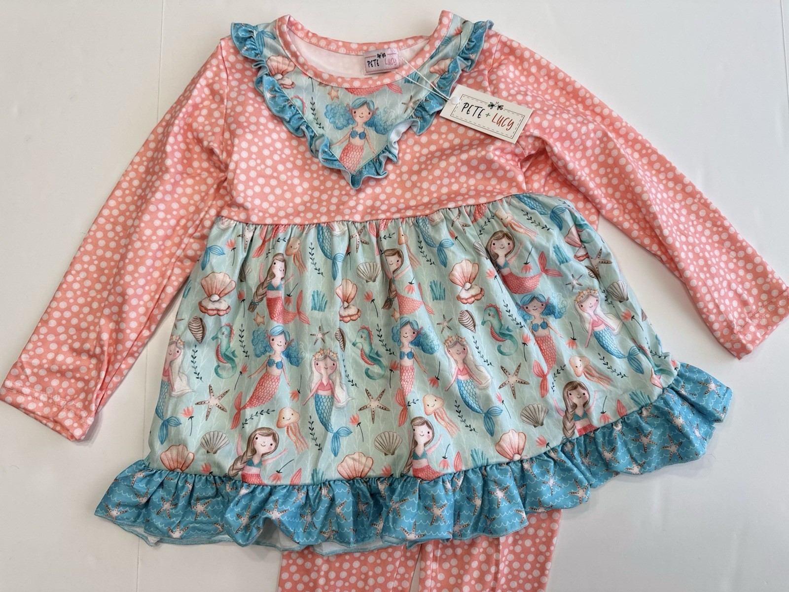Pete & Lucy Mermaid Dress Outfit Set Polka Dot Leggings Girls Size 5 NEW NWT