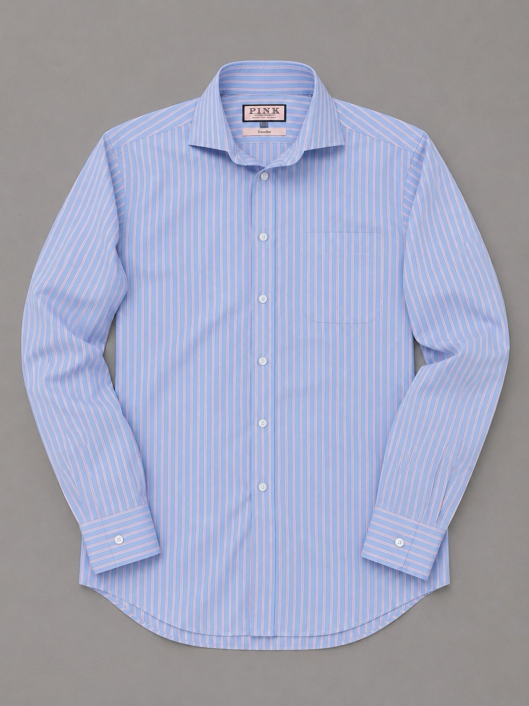 Thomas Pink Dress Shirt Mens 15 – 33.5 Blue Striped Slim Fit Traveller Button Up