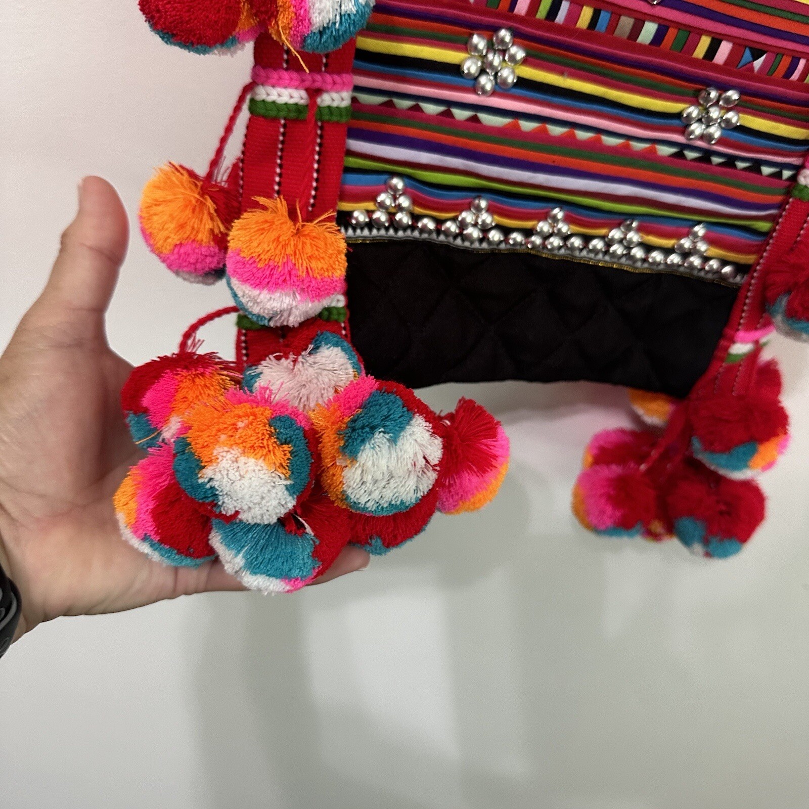 Boho Purse Shoulder Bag Pom Poms Studded Party Travel Zipper Fabric Mexico Party