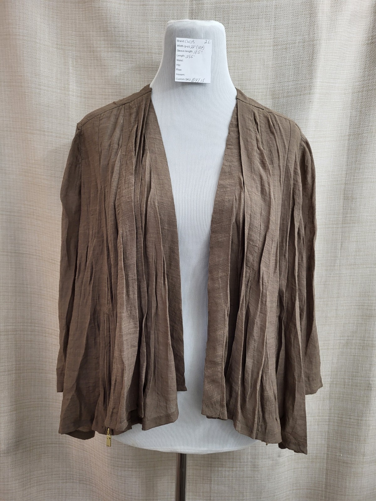 Chico’s 2 Lg Lightweight Open Easy Jacket Brown Khaki Cairo Zippers Funky NWOT