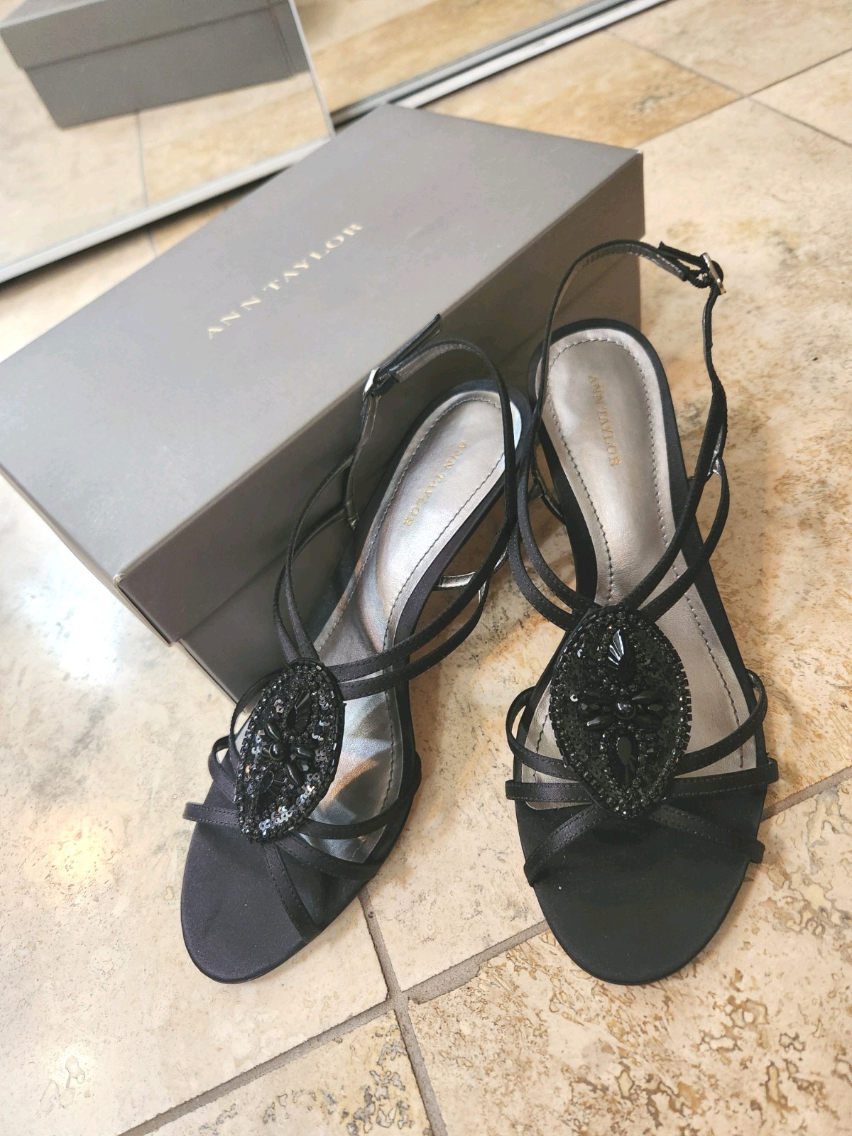 Ann Taylor Black Strappy Beaded Sequin Slingback Heels Buckle Open Toe 9M