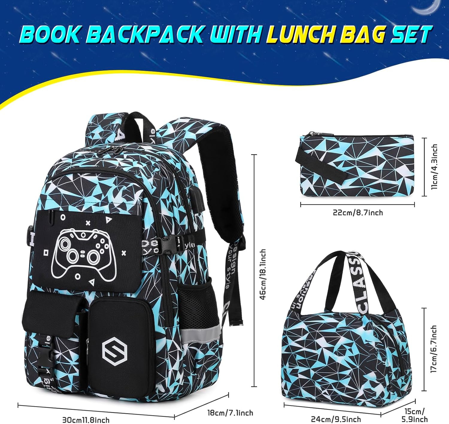 Scothen Boys Backpack, Cool Luminous School Backpack with Lunch Bag Pencil Case,
