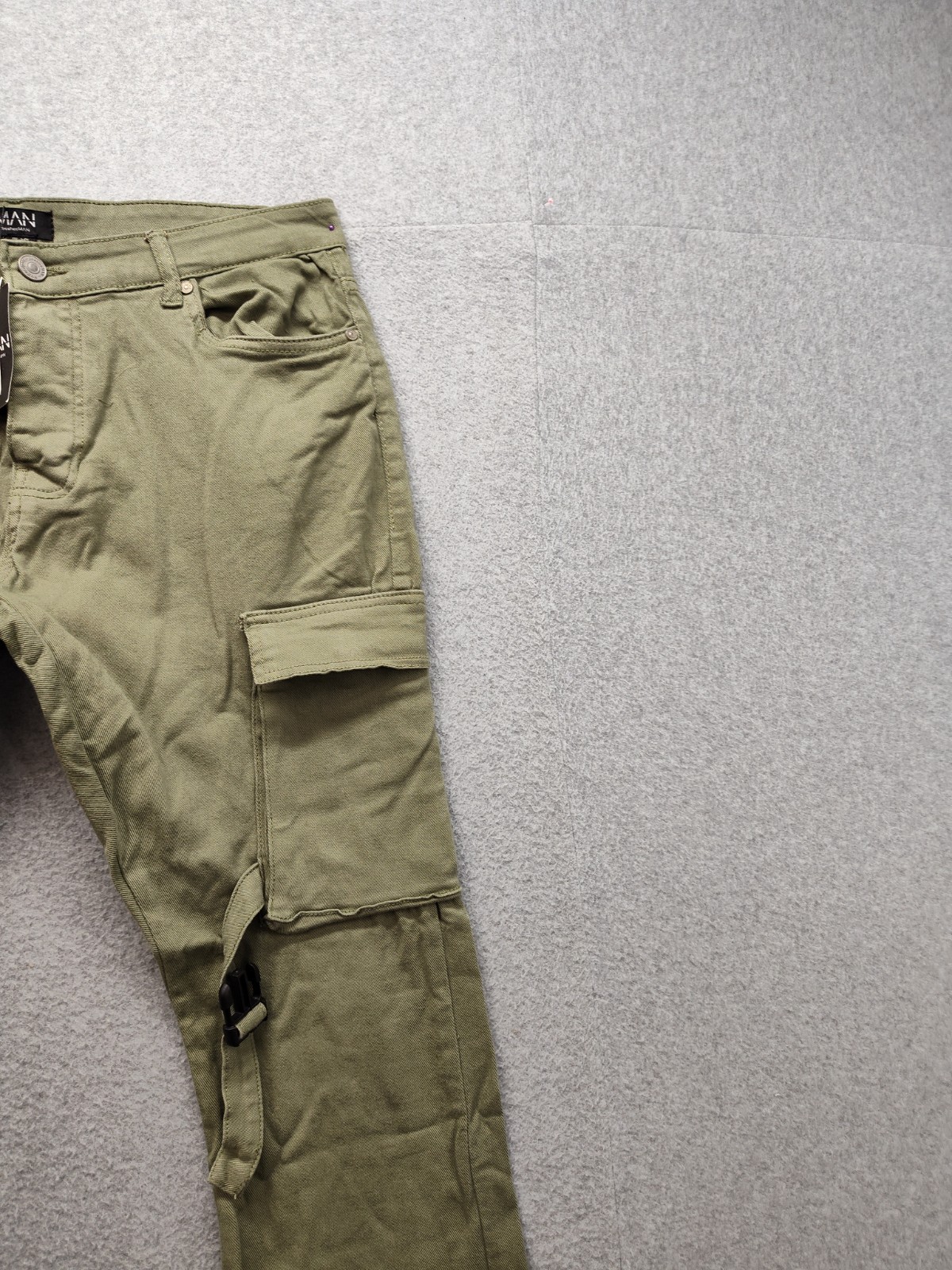 Boohooman Men Cargo Pant 34 Olive Green Utility Workwear Strappy Buckle Pockets