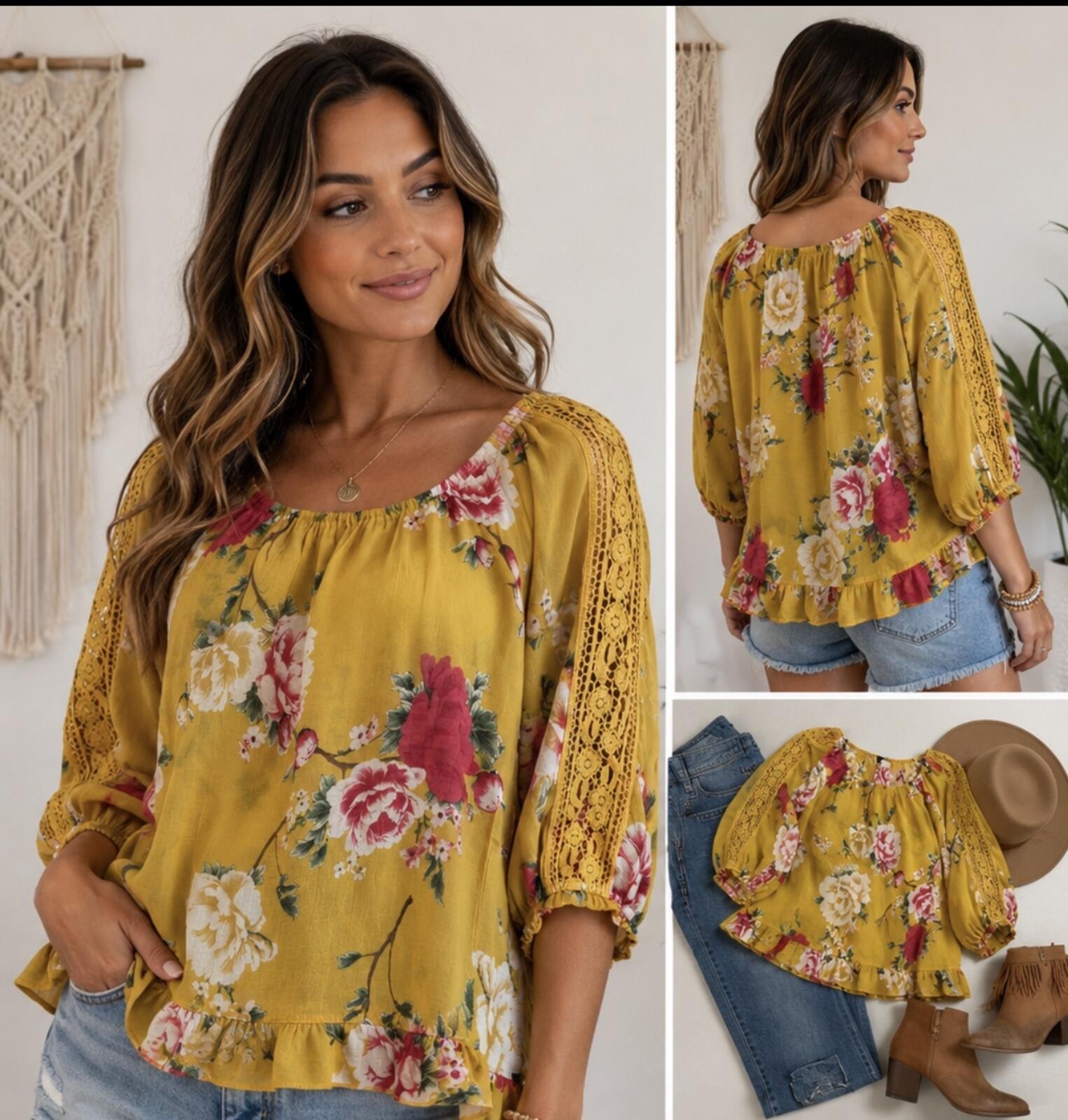 Unique Spectrum Yellow Floral Lace Sleeve Boho Blouse Top XL