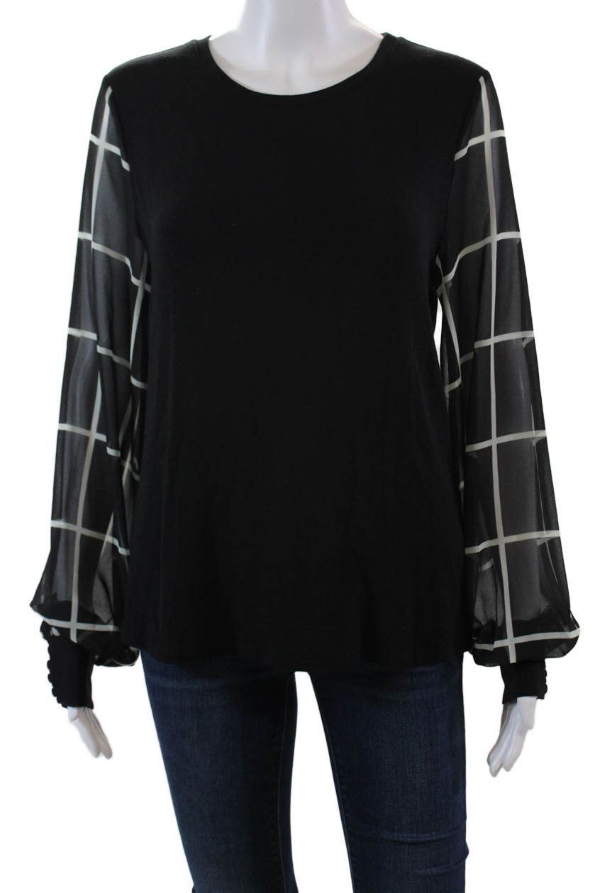 Generation Love Womens Sheer Check Long Sleeve Scoop Neck Top Black Size Medium
