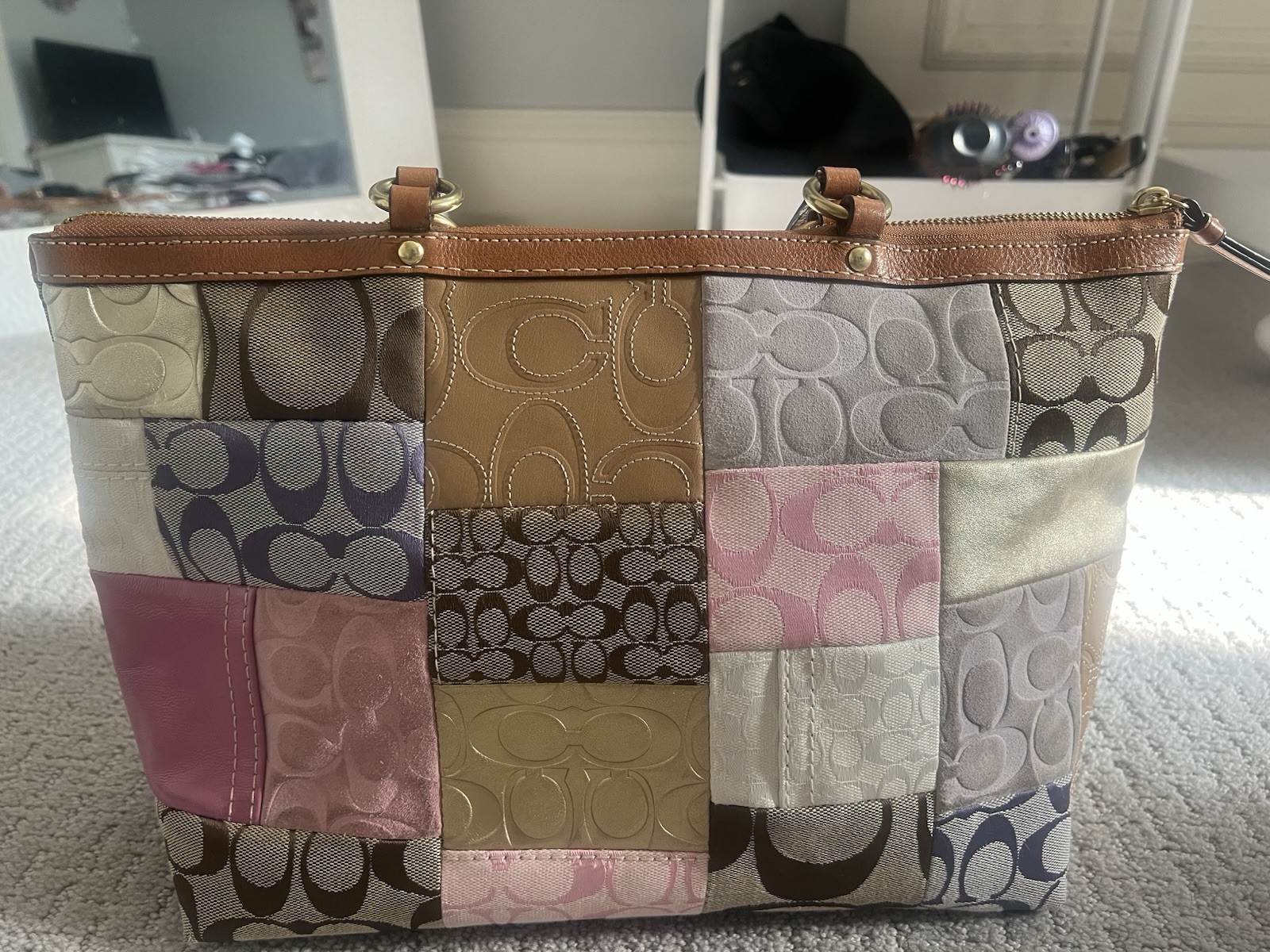 Coach Patchwork Multicolor Tote Zip Top Gold Hardware Charm Inner Pockets