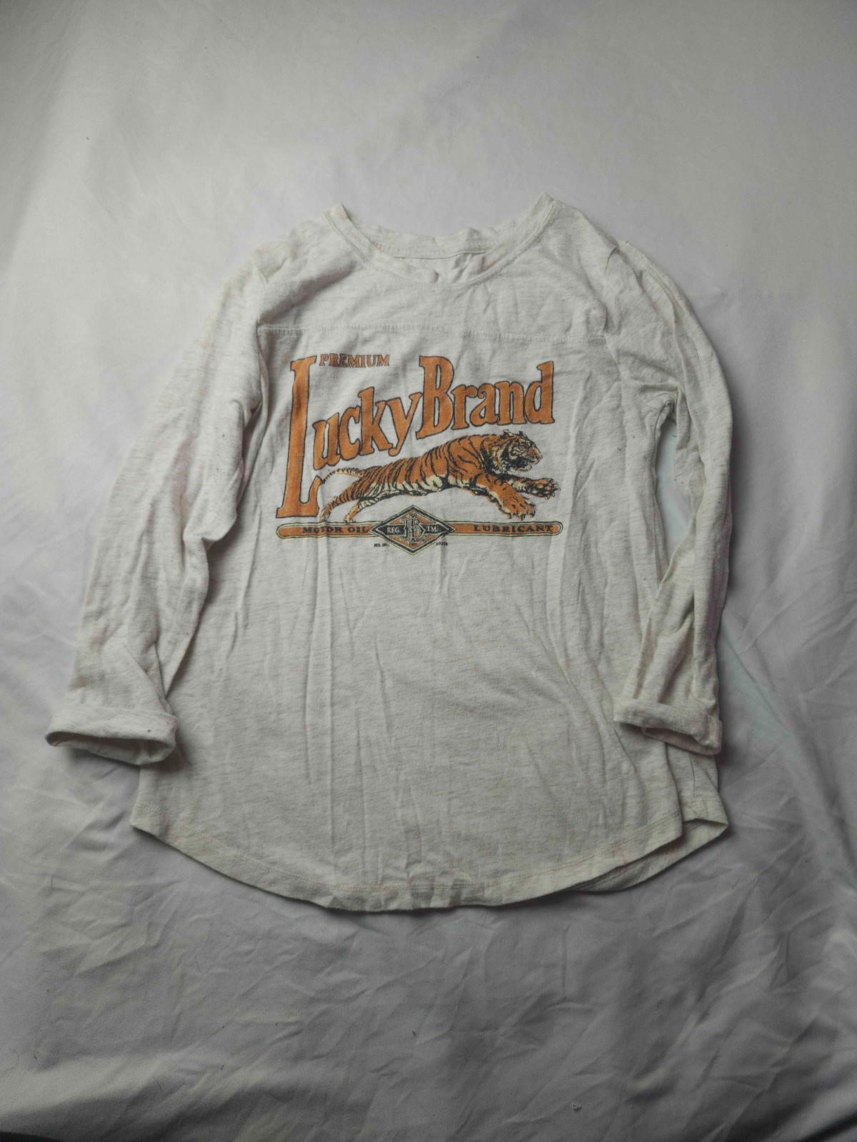 Lucky Brand Tiger Motor Oil Lubricant Top Womens S Gray Graphic Moto Biker Chic